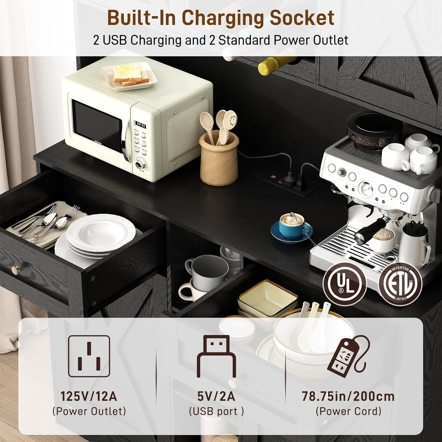 Blotout 47" Wide Kitchen Pantry Storage Cabinet with Charging Station & Microwave Stand, Tall Farmhouse Kitchen Hutch Cabinet, Double Tilt Out Trash Can Cabinet 10X2 Gallon