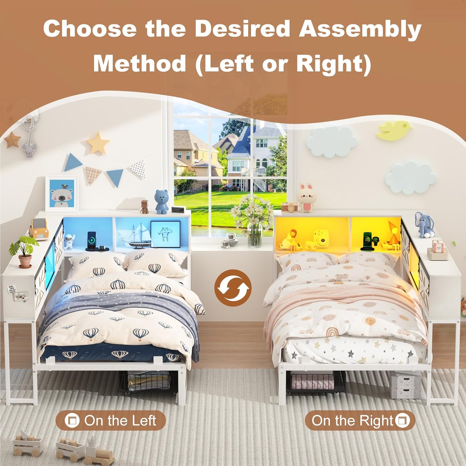 Blotout Twin Corner Bed Frame with Bookcase Headboard and Storage Drawers, Twin Metal Platform Bed Frame with Charging Station and LED Lights, Twin Size Daybed for Living Room, Bedroom and Guest Room