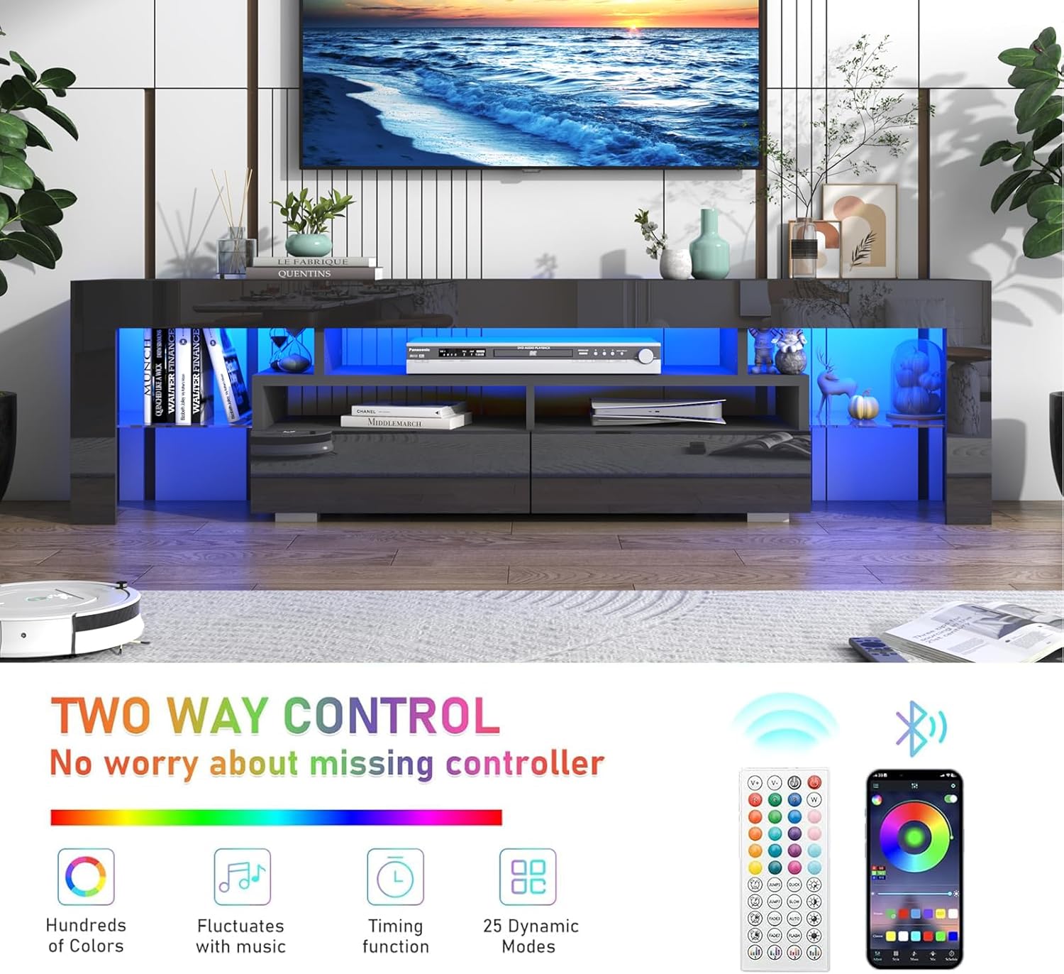 Blotout 71in LED TV Stand for 75/80 inch TV, High Gloss TV Entertainment Center with 2 Large Storage Drawer, APP RGB Light, Modern TV Stands for Living Room