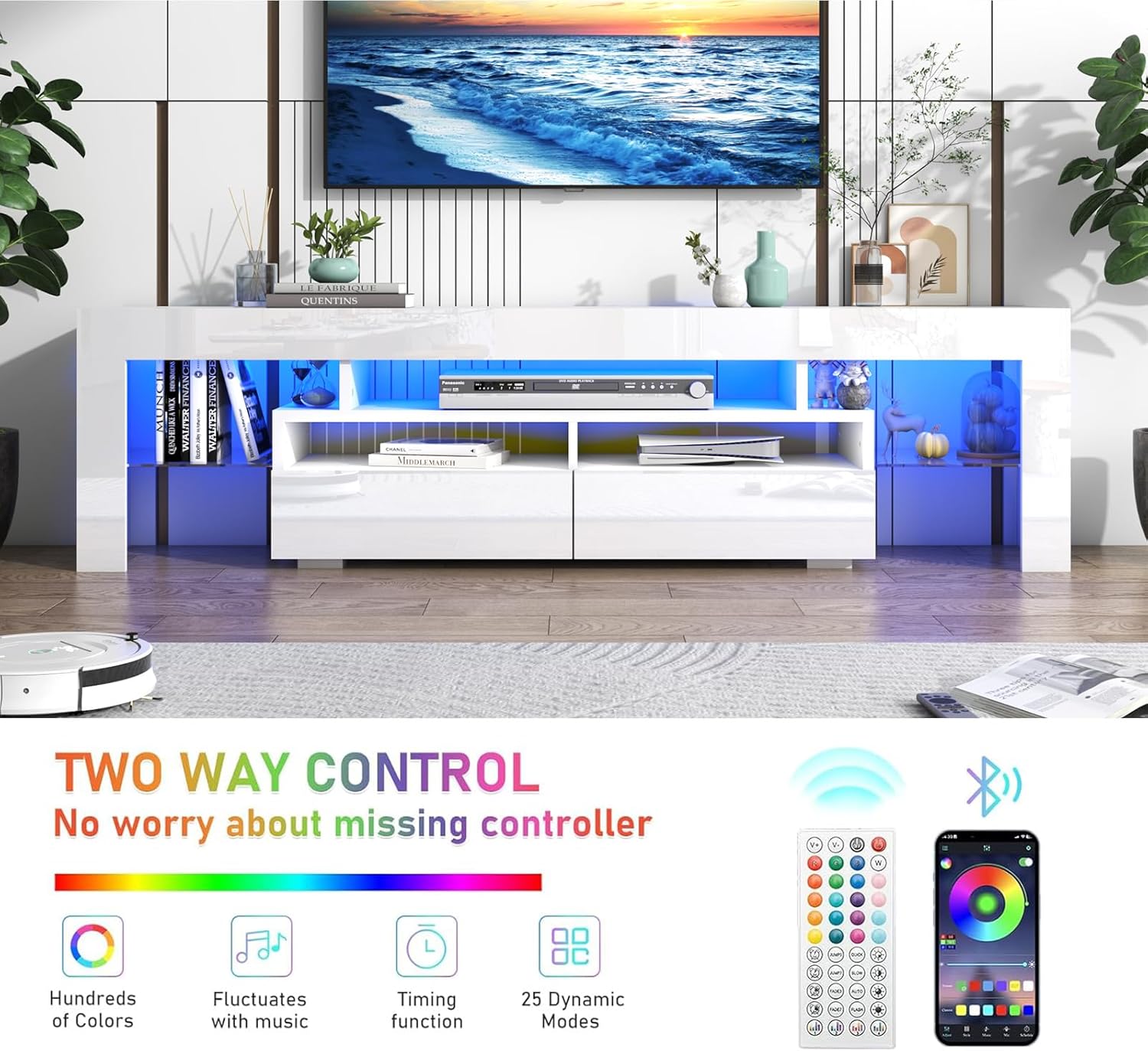 Blotout 71in LED TV Stand for 75/80 inch TV, High Gloss TV Entertainment Center with 2 Large Storage Drawer, APP RGB Light, Modern TV Stands for Living Room