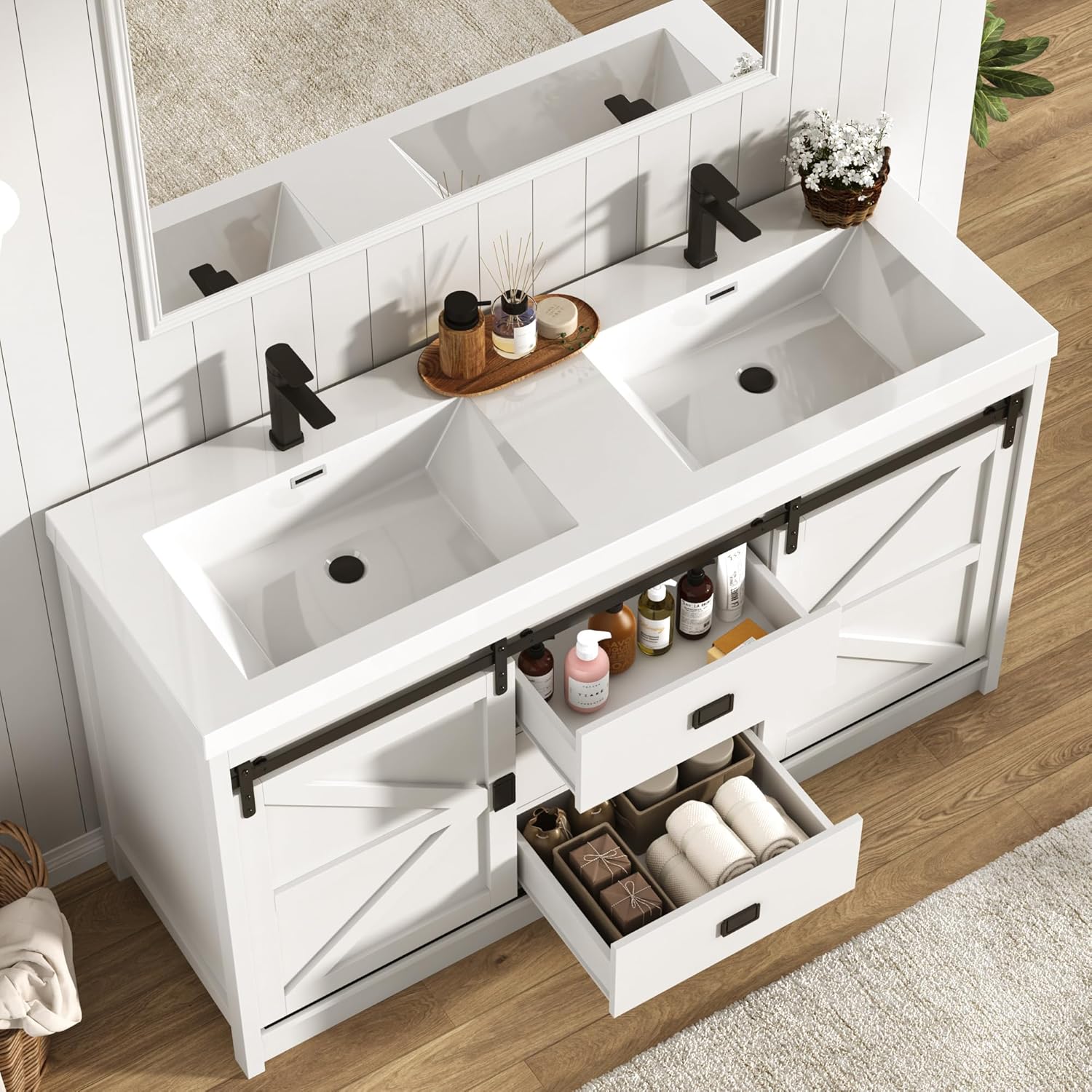 Blotout Double Bathroom Vanity with Sink & Faucet & Sewer Pipes, 59" Farmhouse Bathroom Vanity Cabinet Set with Sliding Barn Door & 3 Drawers, Freestanding Bath Storage Vanity Sink