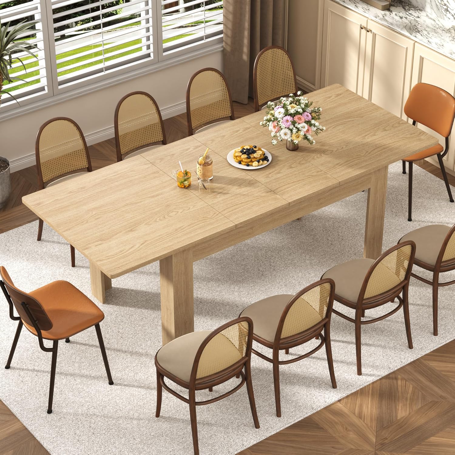 Blotout Extendable Dining Table for 6-10 Person, Large Wood Kitchen Table, Rectangular Extendable Table for Gatherings, Meeting for Small Kitchens, Dining Office Areas