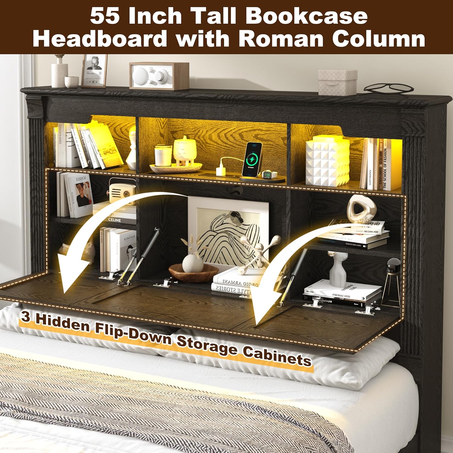 Blotout Farmhouse King Size Bed Frame with 55" Tall Storage Bookcase Headboard & 4 Drawers, Wood Platform Bed Frame with 24" Roman Colum Footboard, LED Light, Charging Station, No Box Spring Needed
