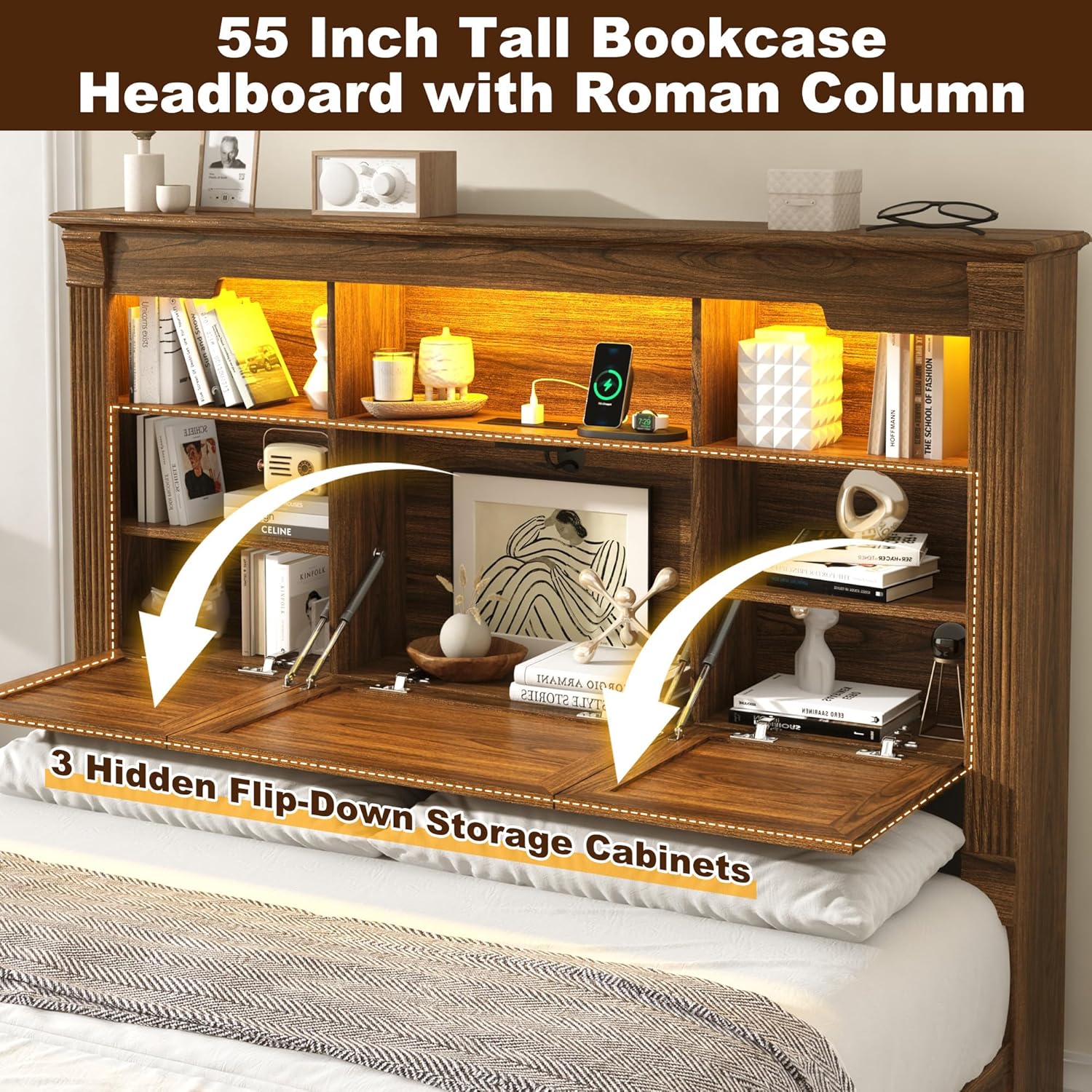 Blotout Farmhouse King Size Bed Frame with 55" Tall Storage Bookcase Headboard & 4 Drawers, Wood Platform Bed Frame with 24" Roman Colum Footboard, LED Light, Charging Station, No Box Spring Needed