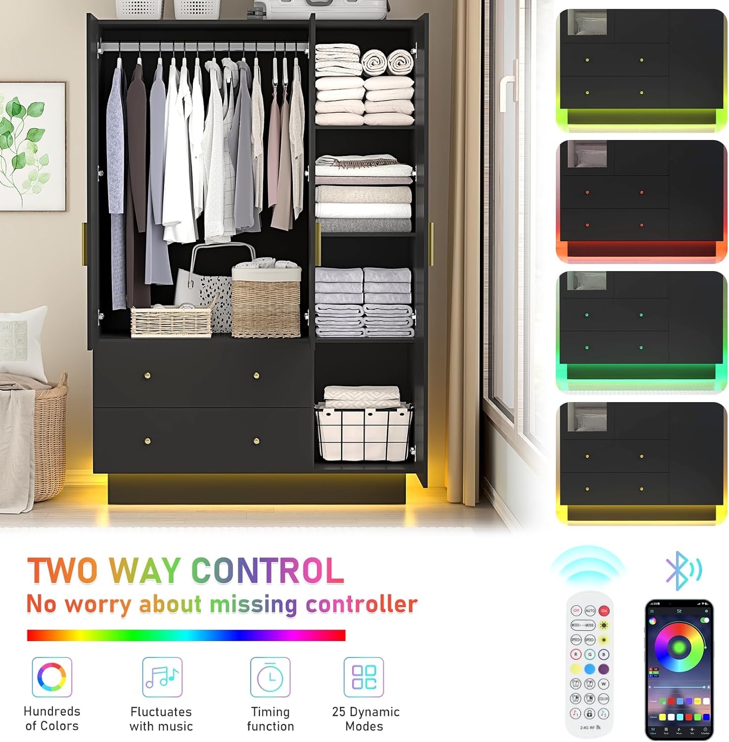 Blotout 70" Armoire Wardrobe Closet with Mirror, LED Wardrobe Armoire with 2 Drawers, 3 Door Wood Armoire Storage with Hanging Rods and Multi-Layer Shelves(Black)