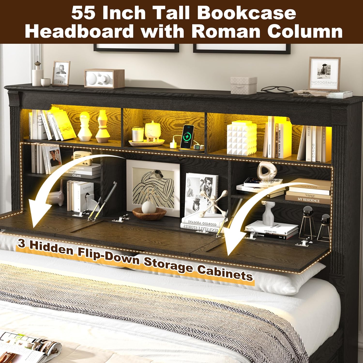 Blotout Farmhouse King Size Bed Frame with 55" Tall Storage Bookcase Headboard & 4 Drawers, Wood Platform Bed Frame with 24" Roman Colum Footboard, LED Light, Charging Station, No Box Spring Needed