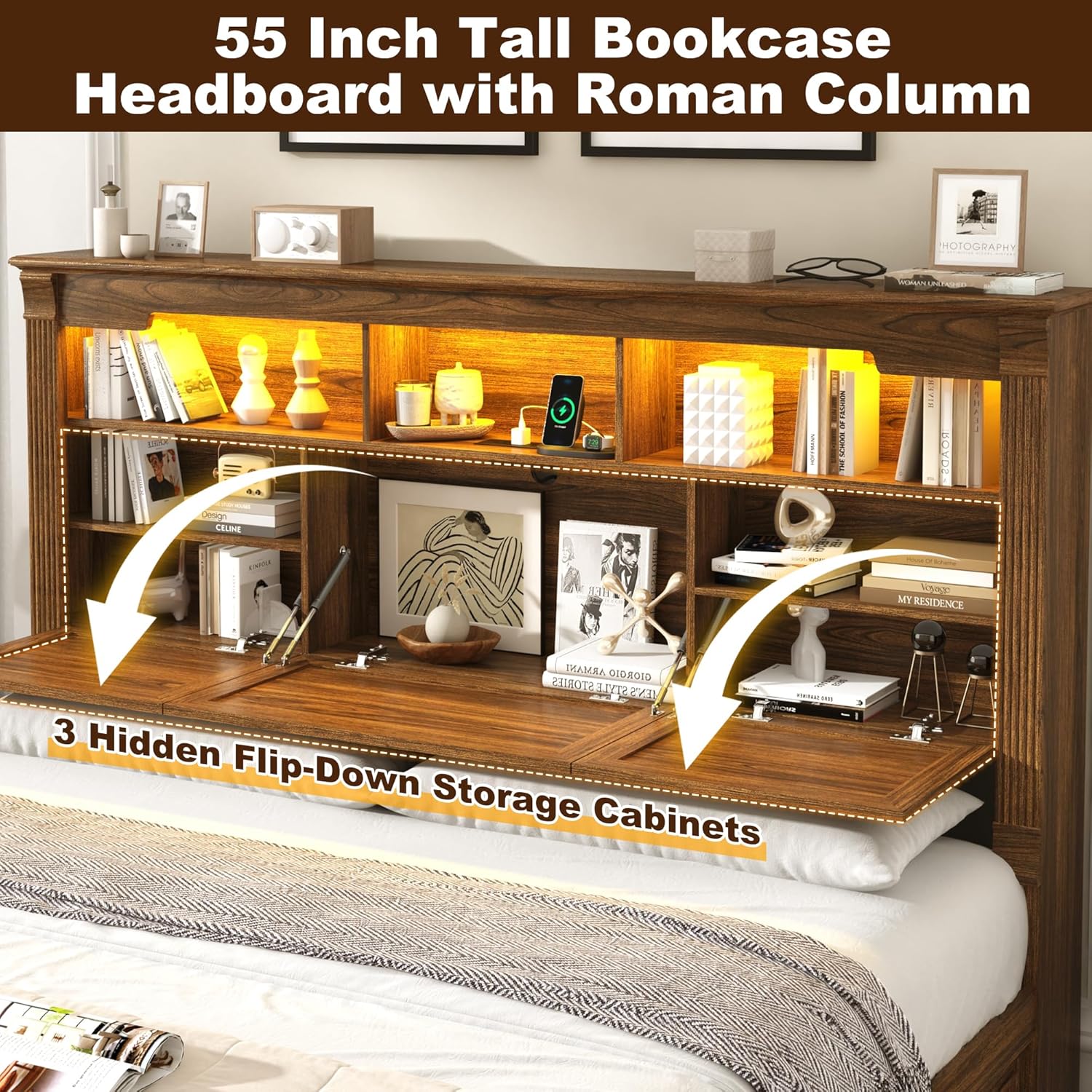 Blotout Farmhouse King Size Bed Frame with 55" Tall Storage Bookcase Headboard & 4 Drawers, Wood Platform Bed Frame with 24" Roman Colum Footboard, LED Light, Charging Station, No Box Spring Needed