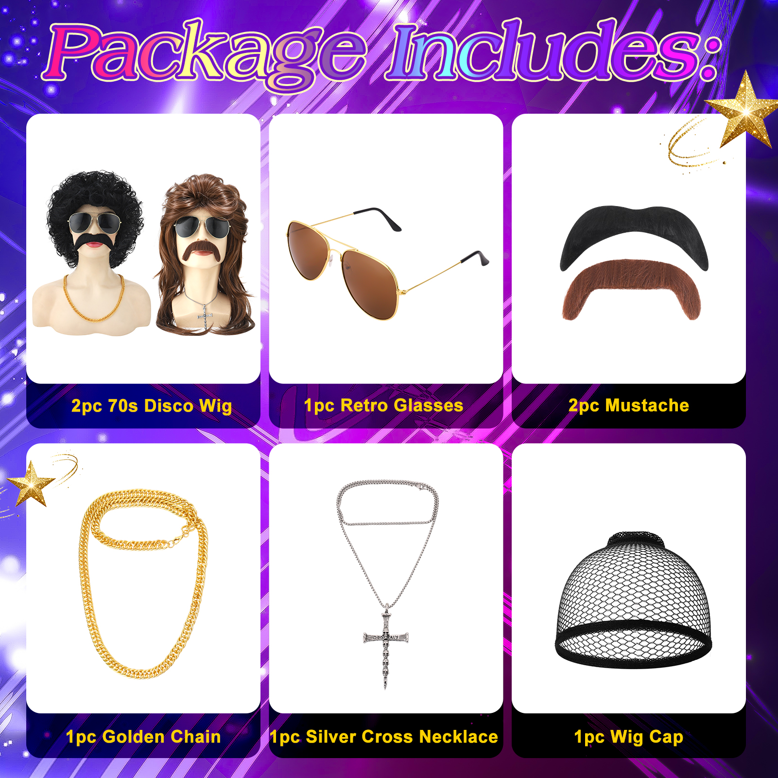 sixwipe 8 Pack 70s 80s Mullet Wigs Set for Men, Disco Wigs with Mustache Glasses and Chain, Kinky Curly/Straight Wigs, Funny Costume Wigs for Rocker Hippies Halloween Cosplay Party