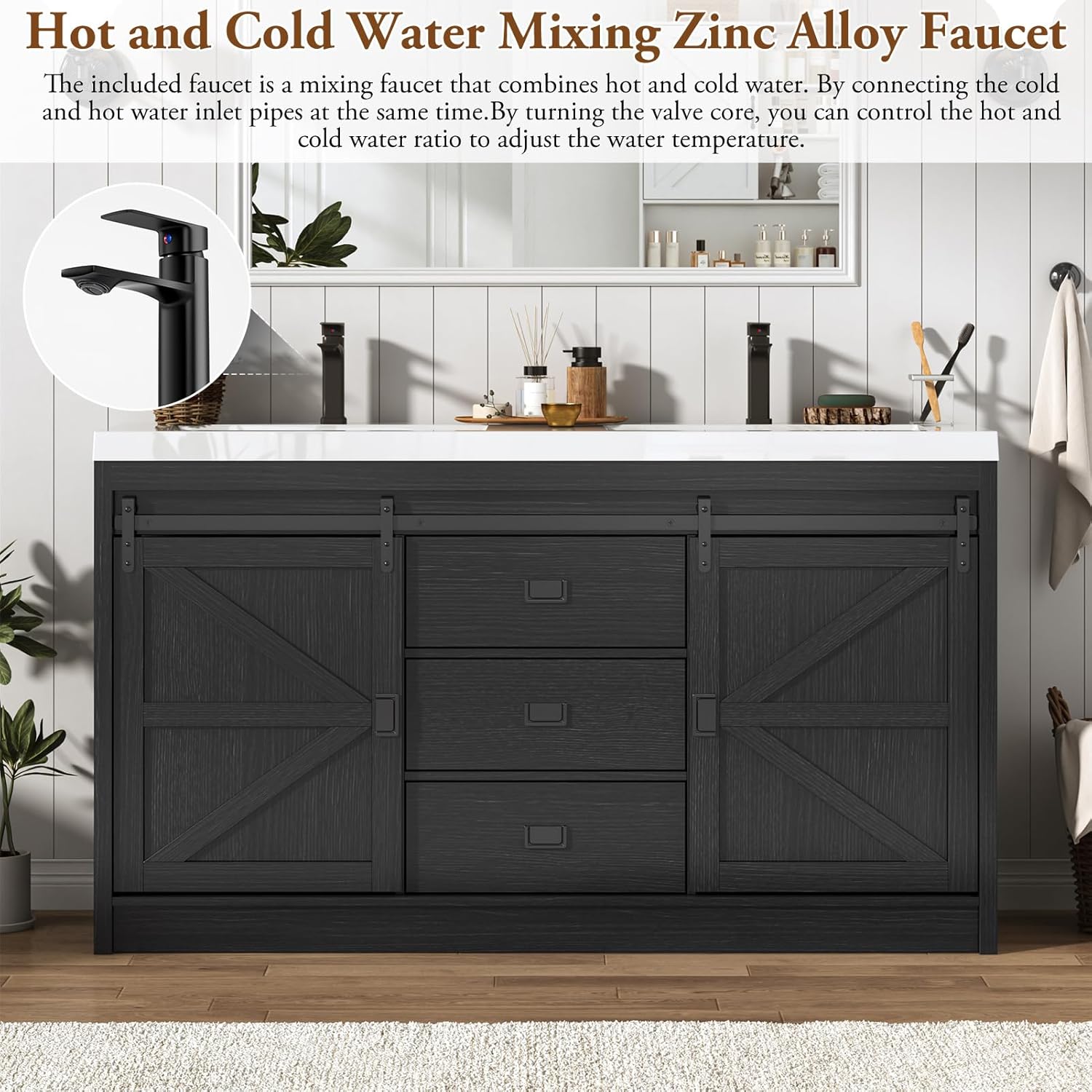 Blotout Double Bathroom Vanity with Sink & Faucet & Sewer Pipes, 59" Farmhouse Bathroom Vanity Cabinet Set with Sliding Barn Door & 3 Drawers, Freestanding Bath Storage Vanity Sink