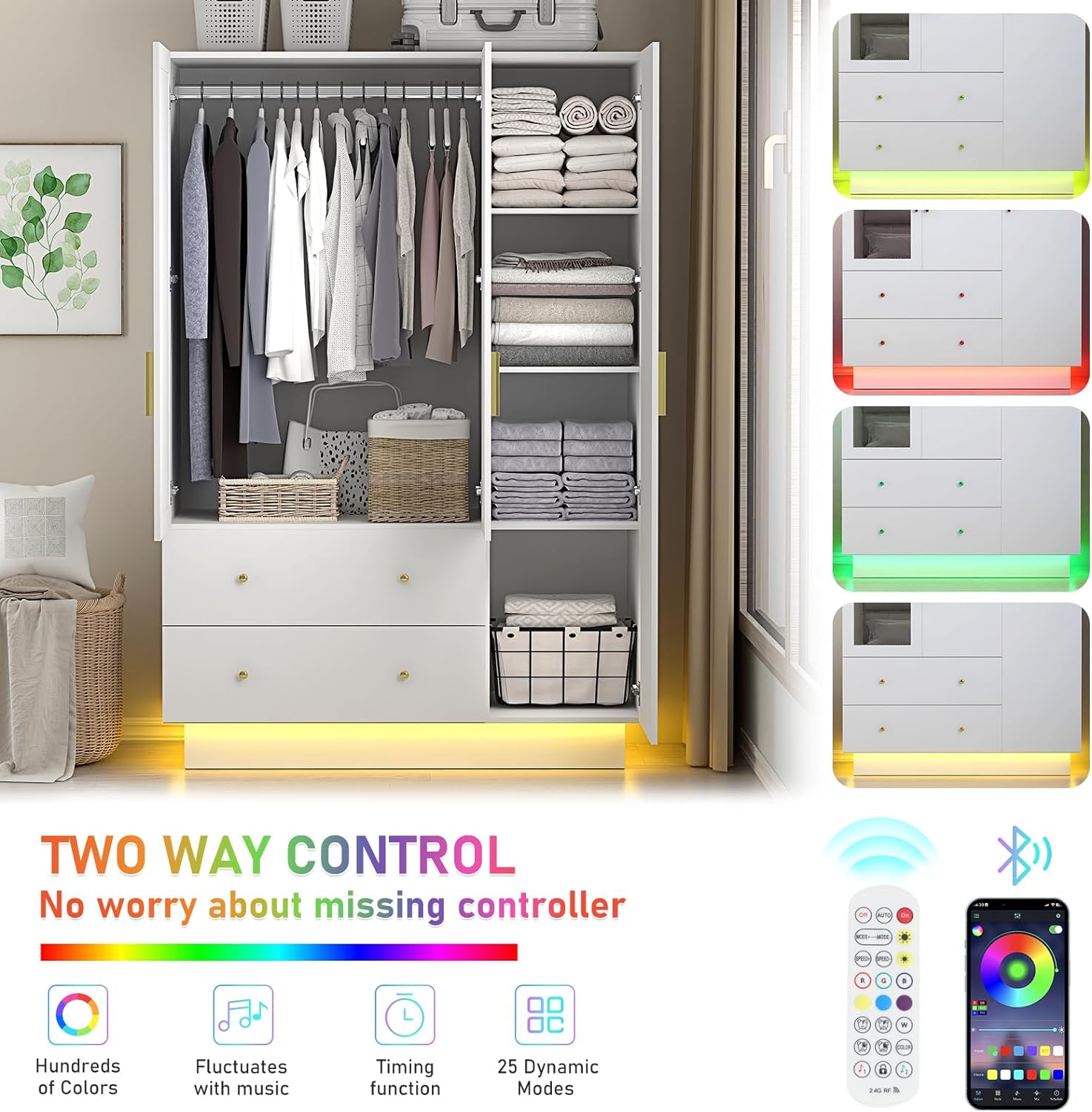 Blotout 70" Armoire Wardrobe Closet with Mirror, LED Wardrobe Armoire with 2 Drawers, 3 Door Wood Armoire Storage with Hanging Rods and Multi-Layer Shelves(Black)