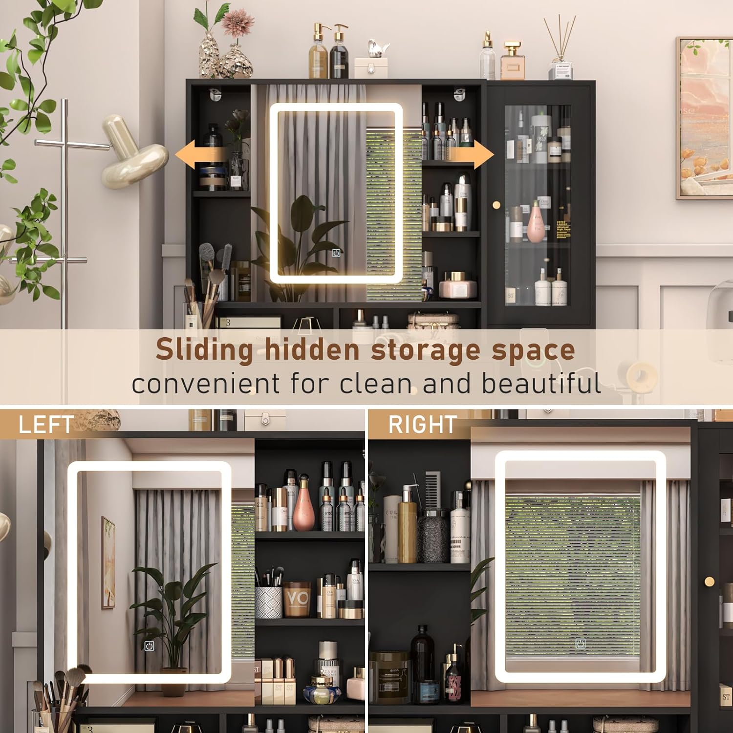 Black Vanity Desk with Sliding Mirror & Lights, Vanity Table Makeup Desk with Charging Station 2 Drawers 2 Doors, Lots of Storage Shelves, Large Vanity Set with Cushioned Stool