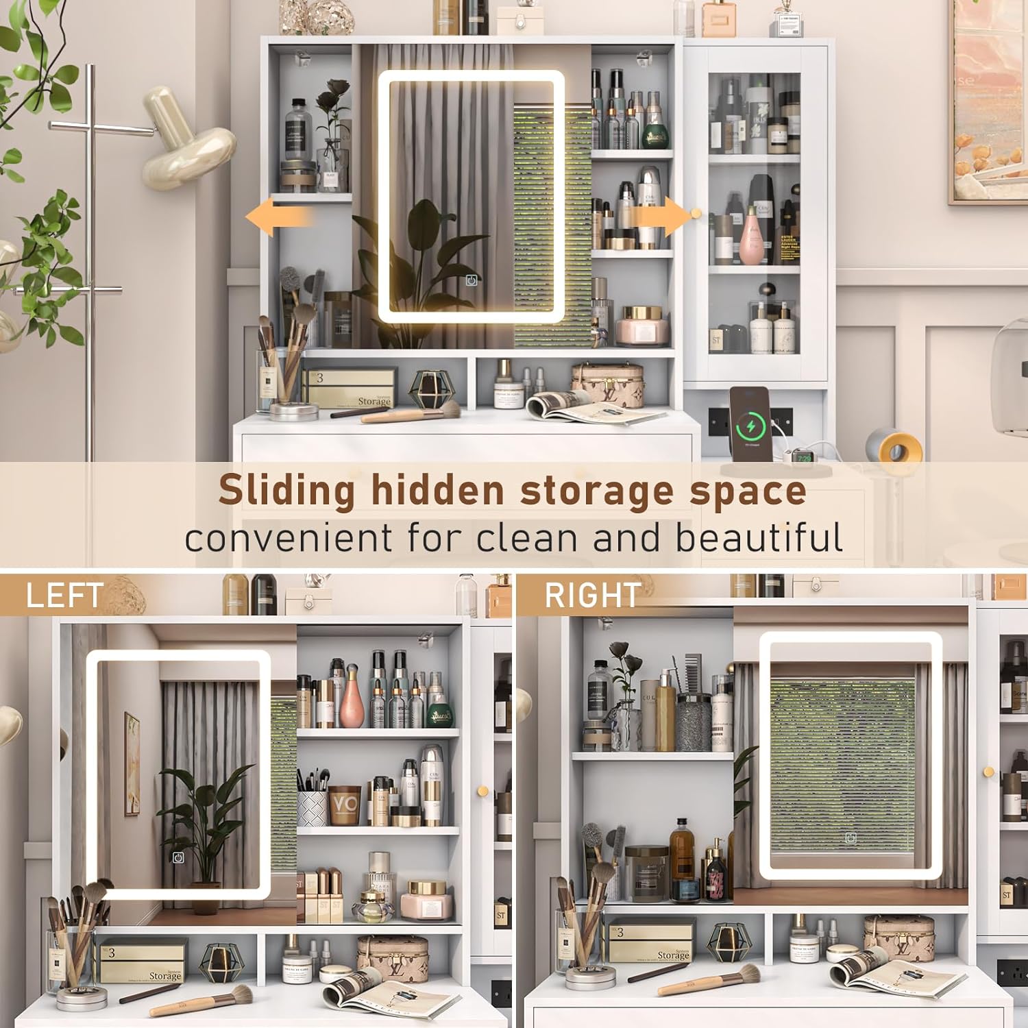 Black Vanity Desk with Sliding Mirror & Lights, Vanity Table Makeup Desk with Charging Station 2 Drawers 2 Doors, Lots of Storage Shelves, Large Vanity Set with Cushioned Stool