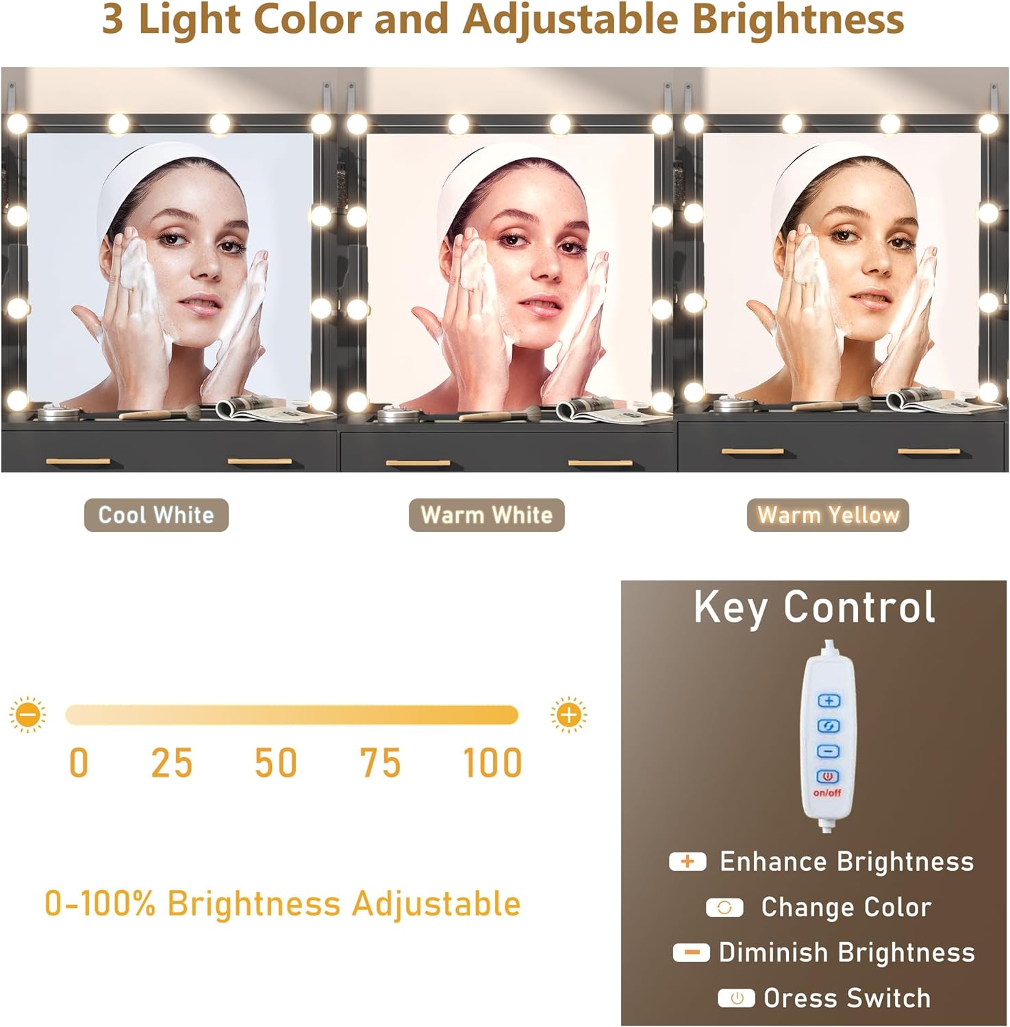 Black Vanity Desk with Mirror and Lights, Large Vanity Table Makeup Desk with Charging Station 9 Drawers and 6 Shelves, Lots Storage Shelves(Black)