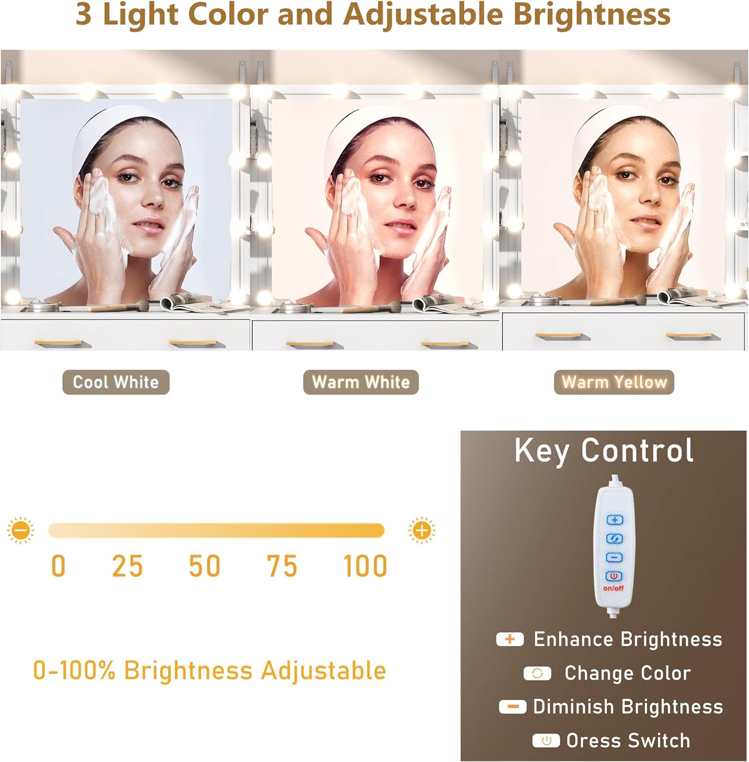 Black Vanity Desk with Mirror and Lights, Large Vanity Table Makeup Desk with Charging Station 9 Drawers and 6 Shelves, Lots Storage Shelves(Black)