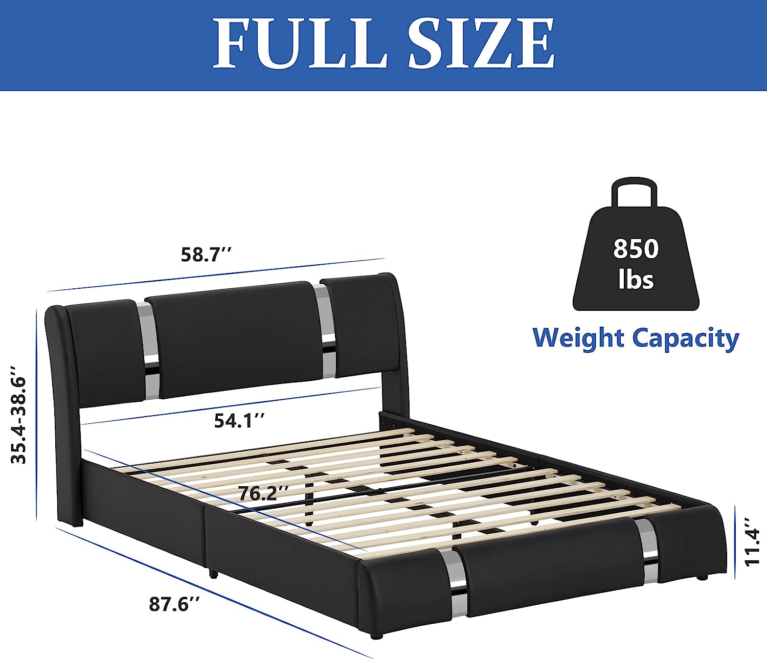 Faux Leather Bed Frame with LED Light Headboard, Modern Platform Bed Frame Deluxe Upholstered Bed with Curved Backrest