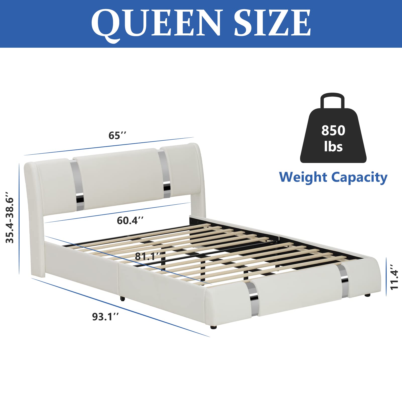 Faux Leather Bed Frame with LED Light Headboard, Modern Platform Bed Frame Deluxe Upholstered Bed with Curved Backrest