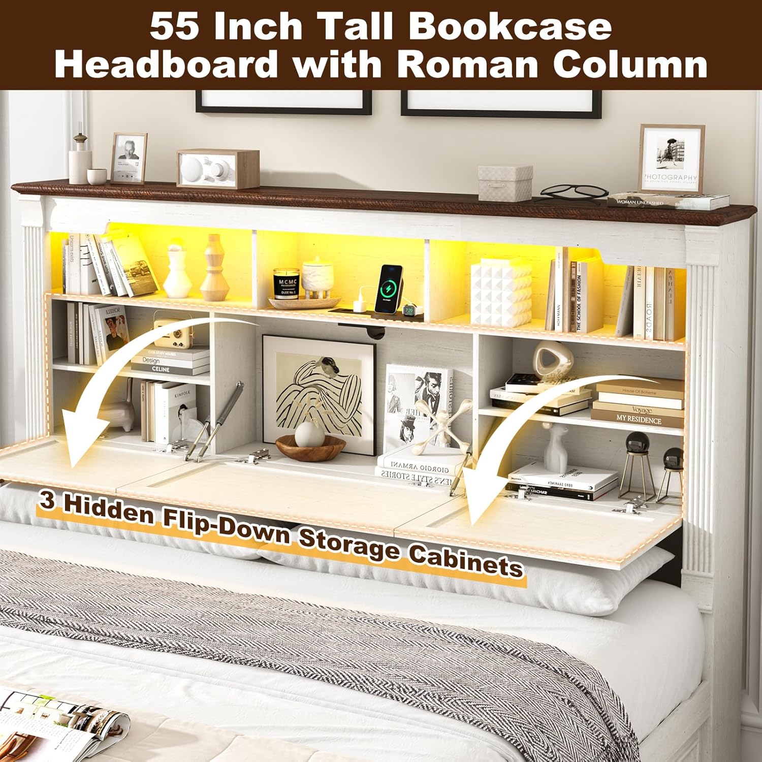 Blotout Farmhouse King Size Bed Frame with 55" Tall Storage Bookcase Headboard & 4 Drawers, Wood Platform Bed Frame with 24" Roman Colum Footboard, LED Light, Charging Station, No Box Spring Needed