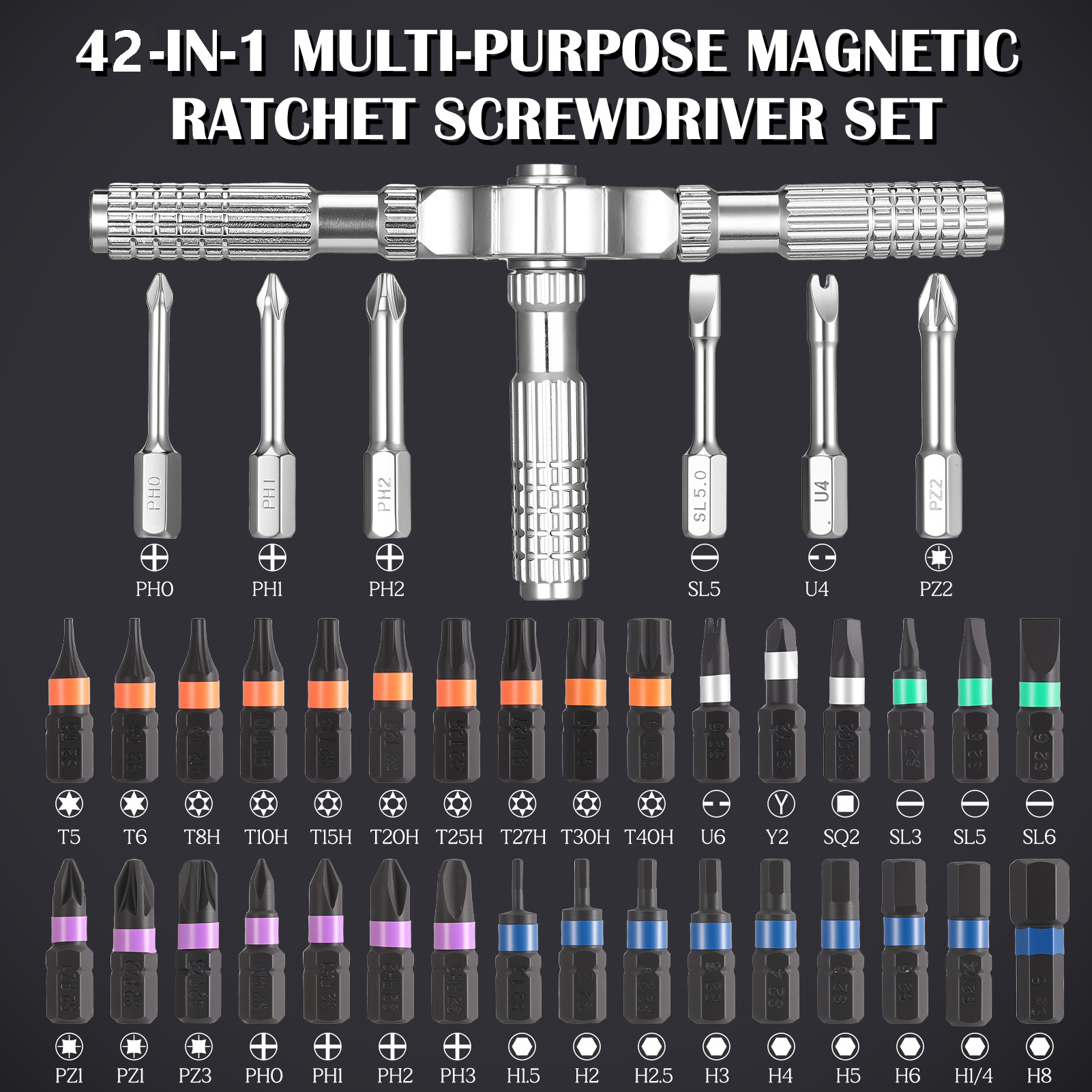 Armscye 42 in 1 Magnetic Screwdriver Set, Ratcheting Screwdriver Set, Multi Bit Screwdriver Kit, Allen Wrench Ratchet Kit, Detachable T Handle Screwdriver Set for Furniture Computer Bicycle DIY