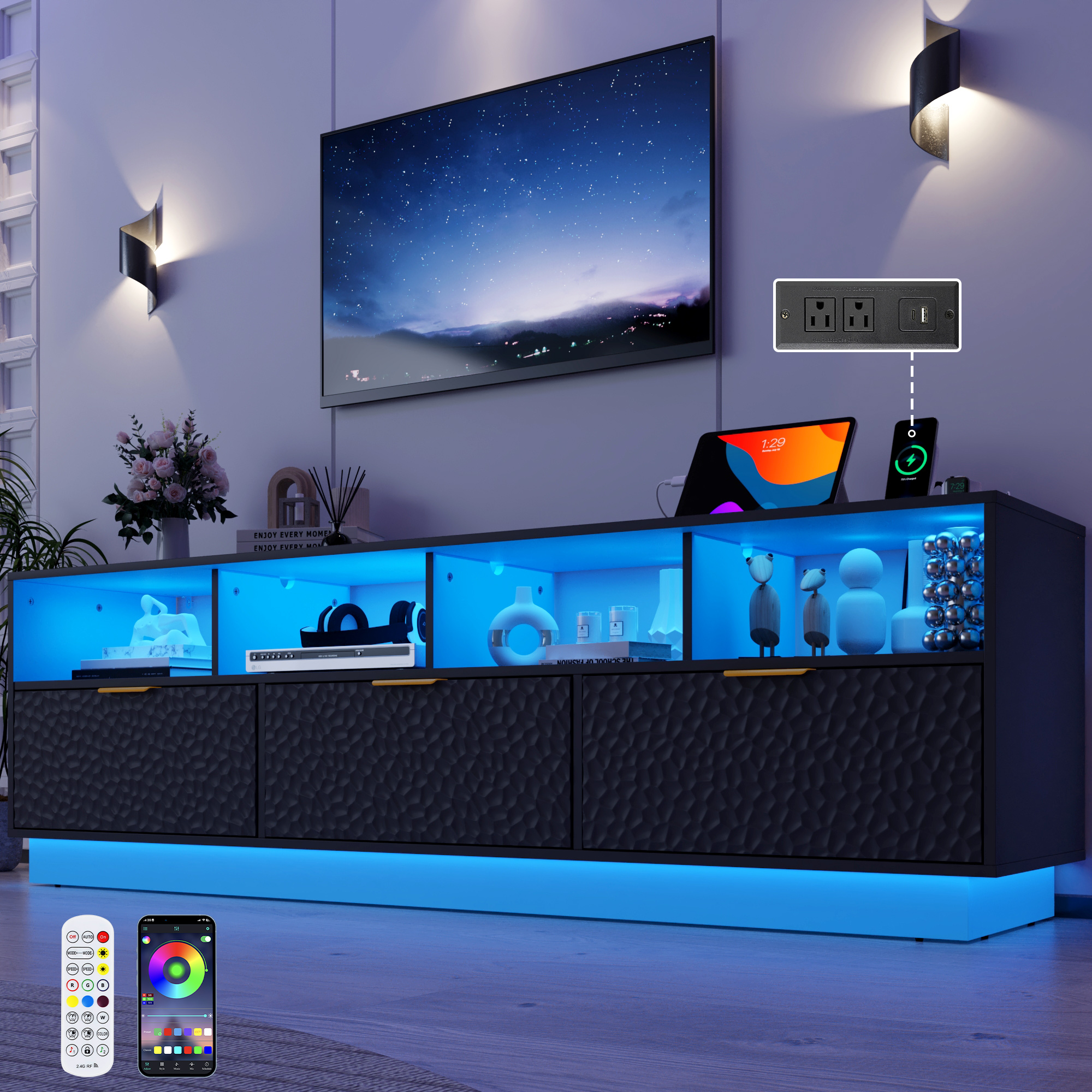 Blotout LED TV Stand for up to 85'' TVs with Power Outlet, 70'' Large Entertainment Center Console Table with 3 Storage Cabinet & Gaming Soundbar Shelf for Living Room, Bedroom