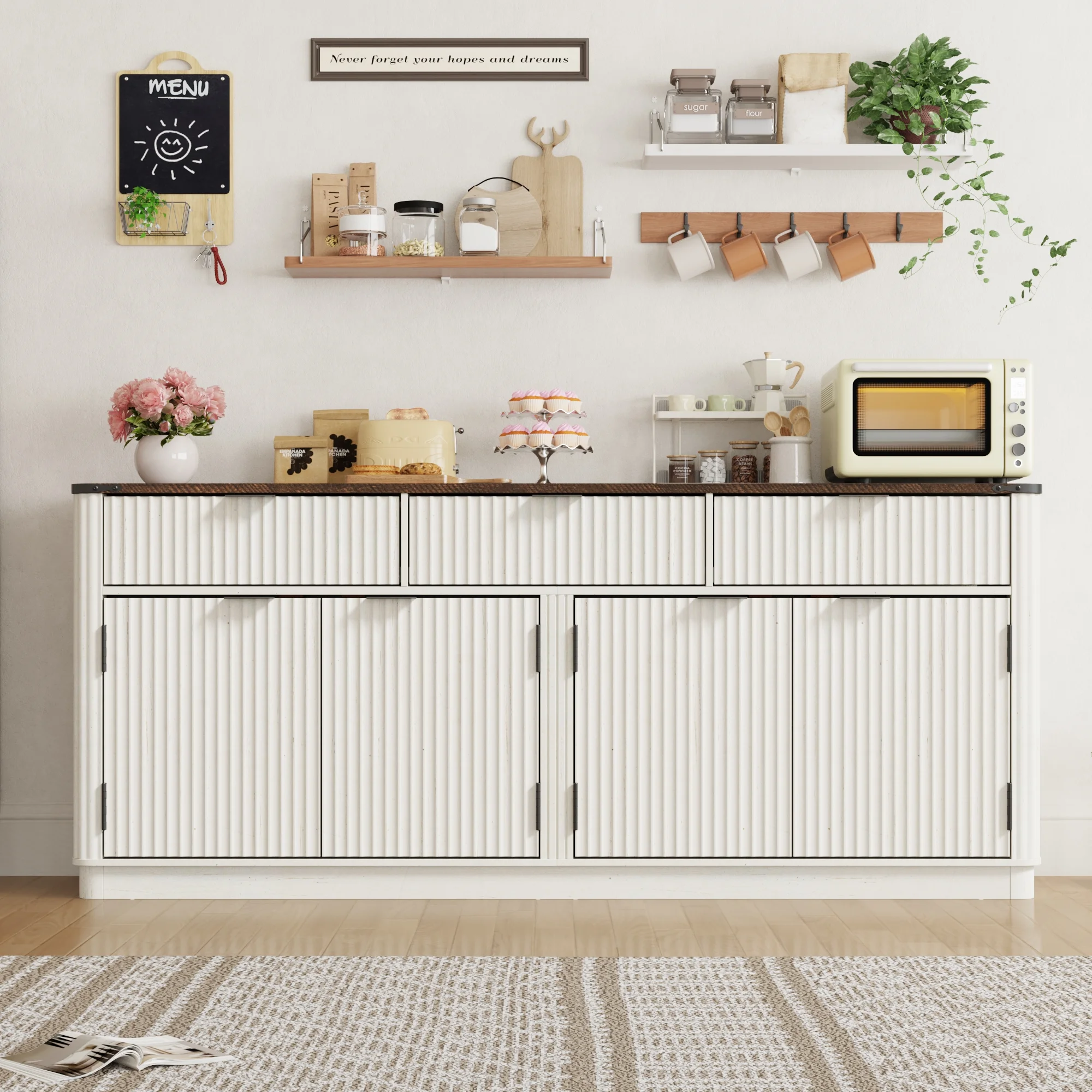 Blotout 70" Fluted Buffet Cabinet Sideboard with Storage, Large Credenza with 3 Drawers, 4 Doors and Shelves, Wood Modern Farmhouse Sideboard for Kitchen and Living Room