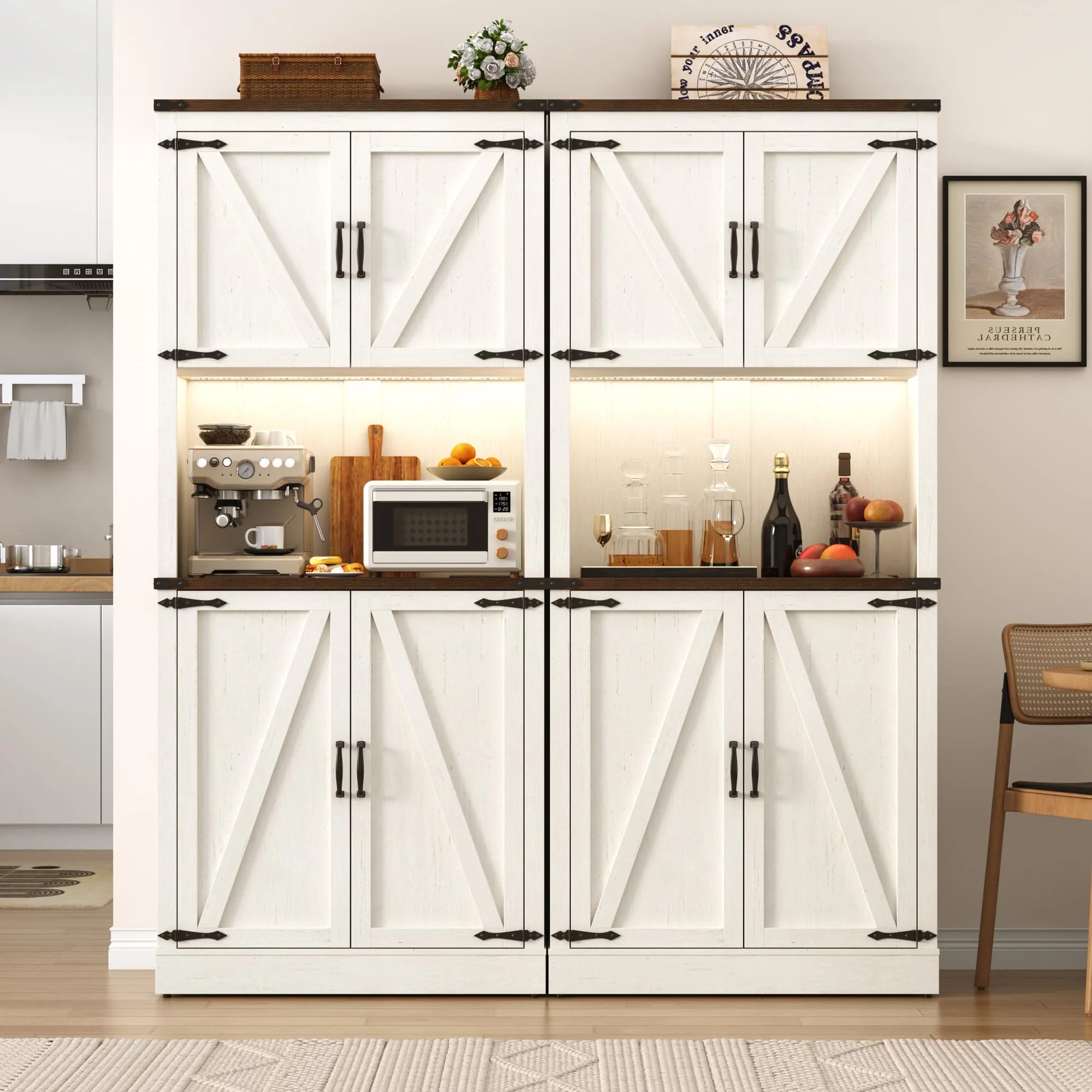 Tall Farmhouse Kitchen Pantry Cabinet with 10 Side Shelves and LED Light&Power Outlet,5 Layers Pantry Storage Cabinet with Barn Doors&Load-Bearing Steel Pipe for Dining Room,Living Room