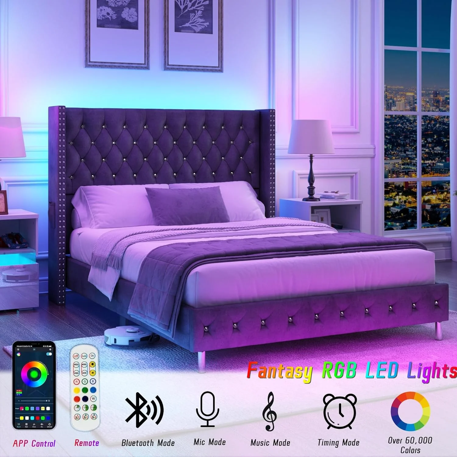 Queen LED Upholstered Bed Frame with Wingback Headboard, Velvet Diamond Button Tufted Bed Frame USB & Type-C Ports and Side Pockets, Wood Slats Support, No Box Spring Needed