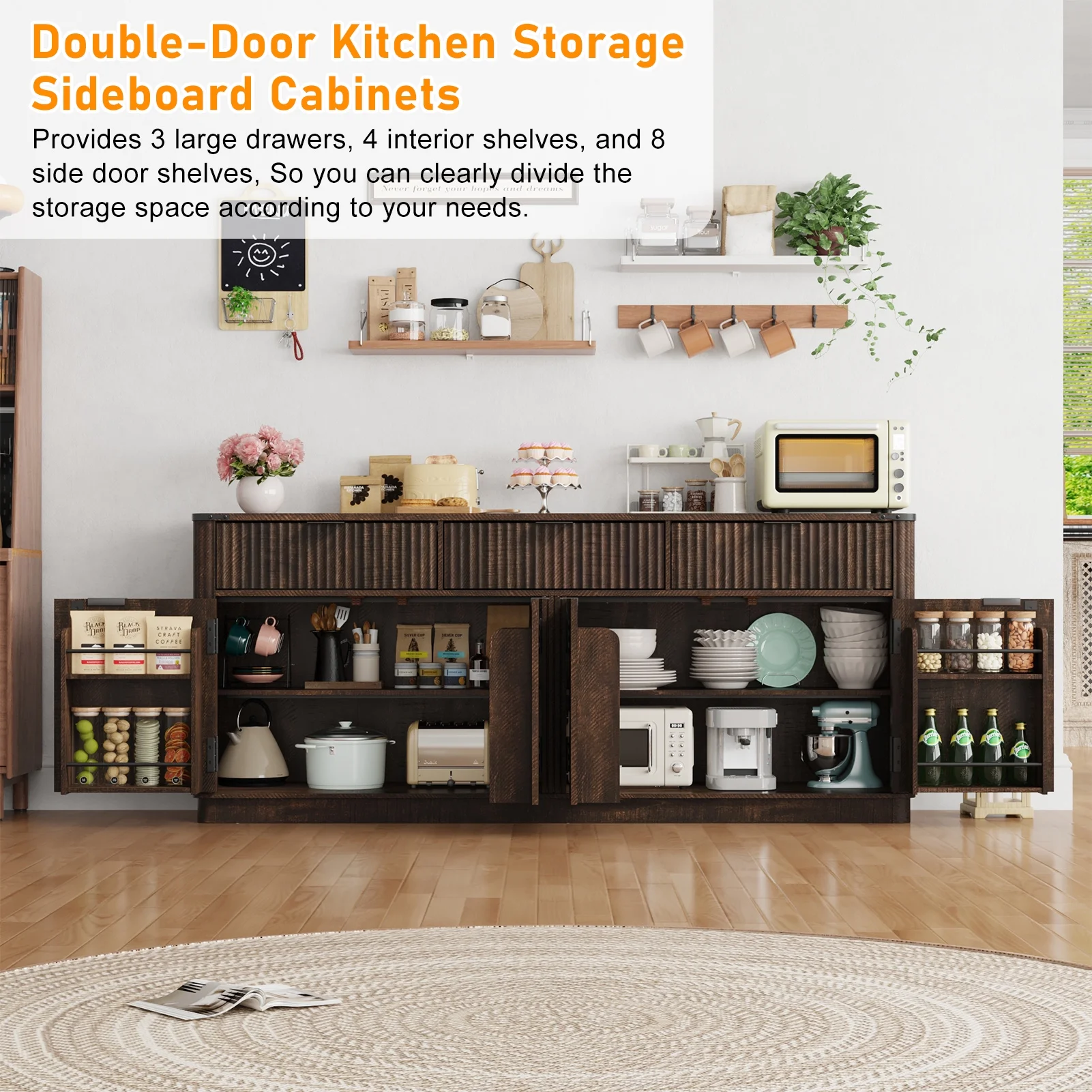 Blotout 70" Fluted Buffet Cabinet Sideboard with Storage, Large Credenza with 3 Drawers, 4 Doors and Shelves, Wood Modern Farmhouse Sideboard for Kitchen and Living Room