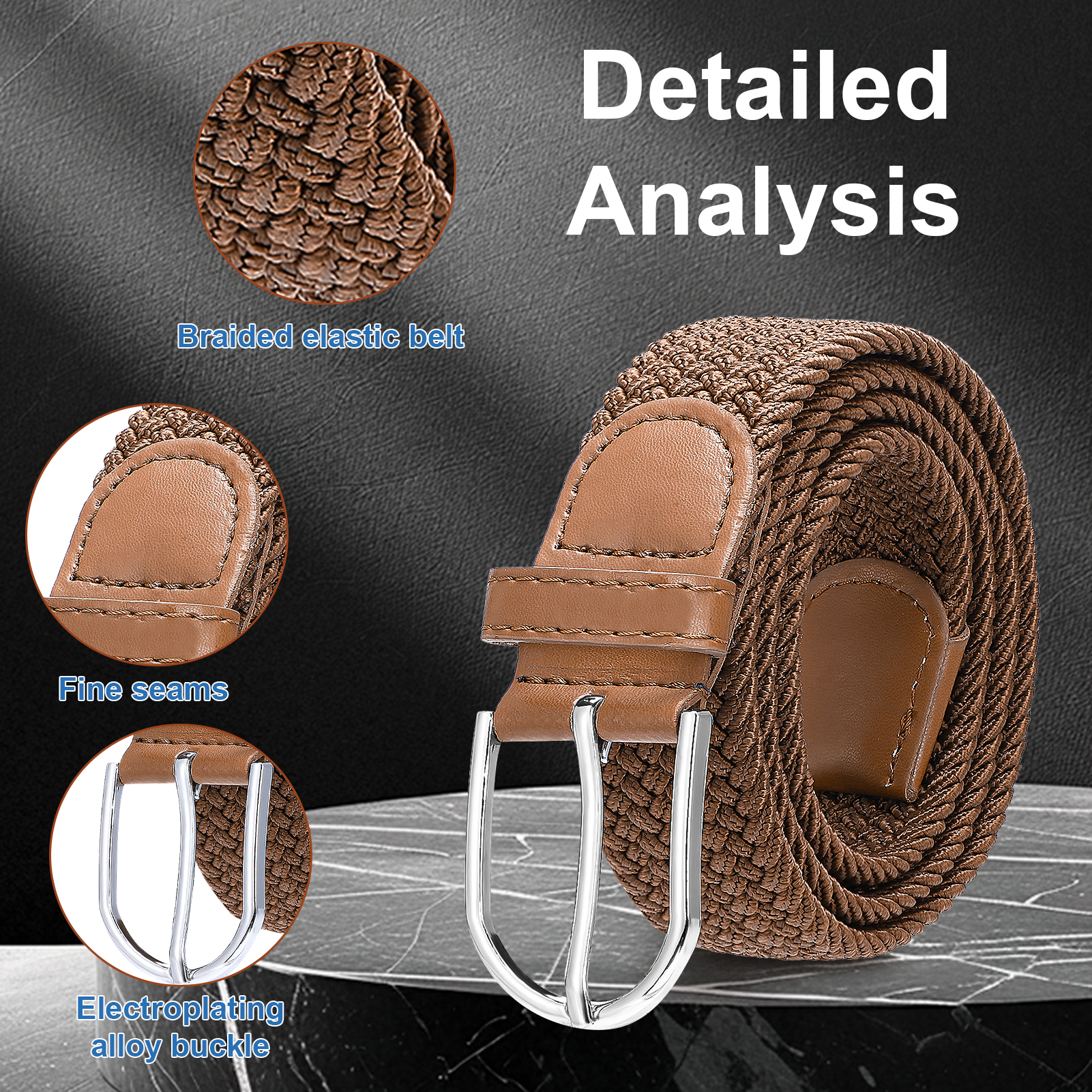 Bocaoying 3 Pack Men Braided Belts, Fits Up to 28'' - 33" Waist, Elastic Stretch Belts for Men, 42'' Nylon Woven Belts for Men, No Hole Golf Belt for Men (Black, Brown, Coffee)