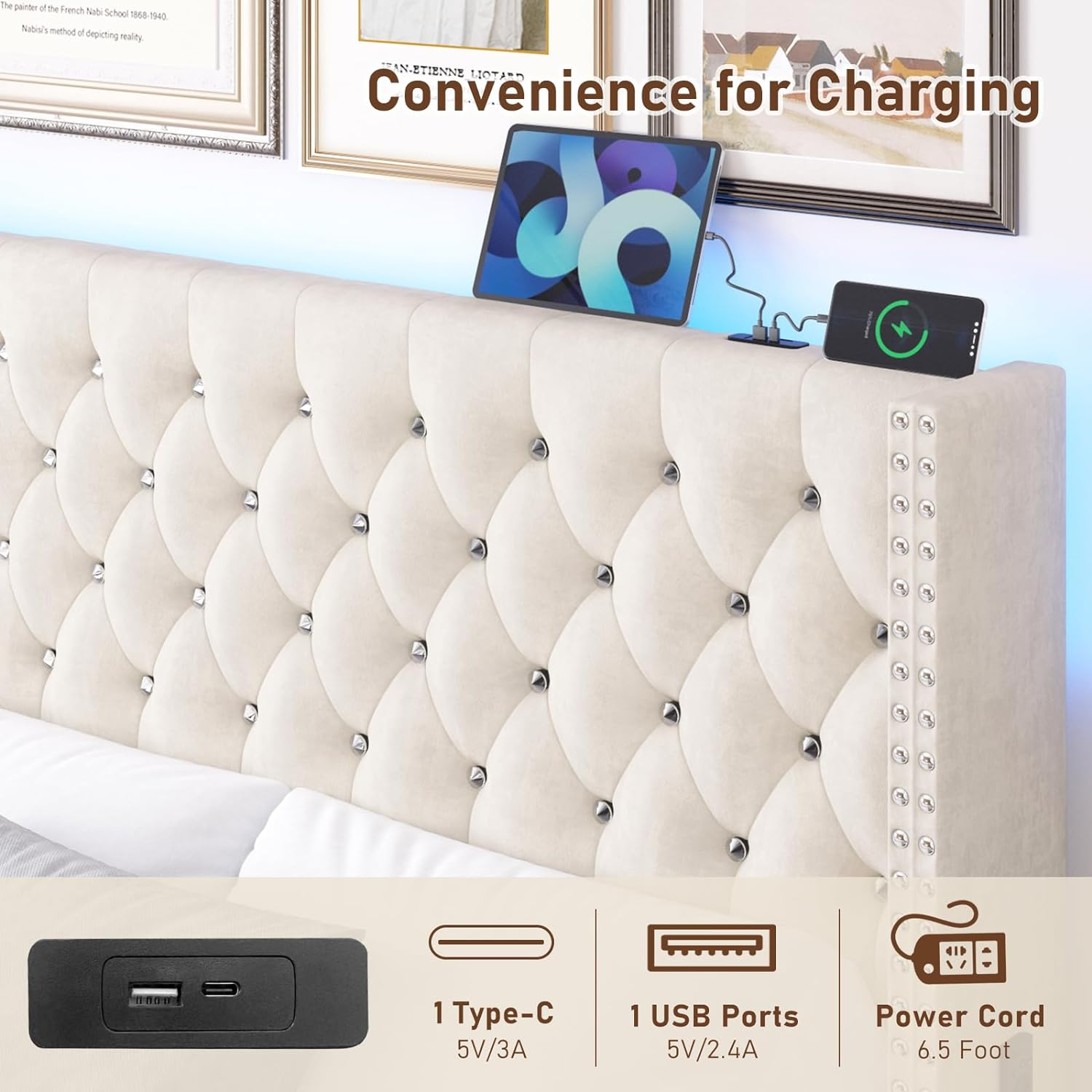 Queen LED Upholstered Bed Frame with Wingback Headboard, Velvet Diamond Button Tufted Bed Frame USB & Type-C Ports and Side Pockets, Wood Slats Support, No Box Spring Needed