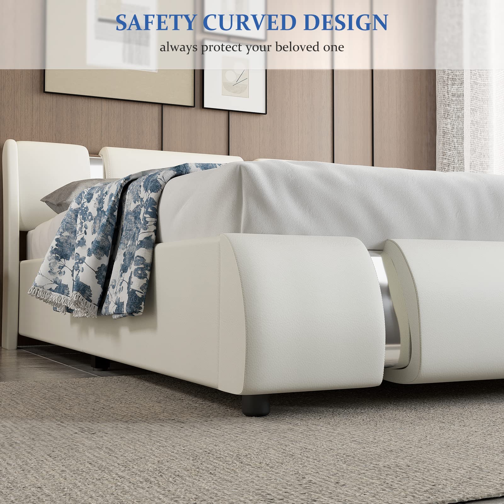 Faux Leather Bed Frame with LED Light Headboard, Modern Platform Bed Frame Deluxe Upholstered Bed with Curved Backrest