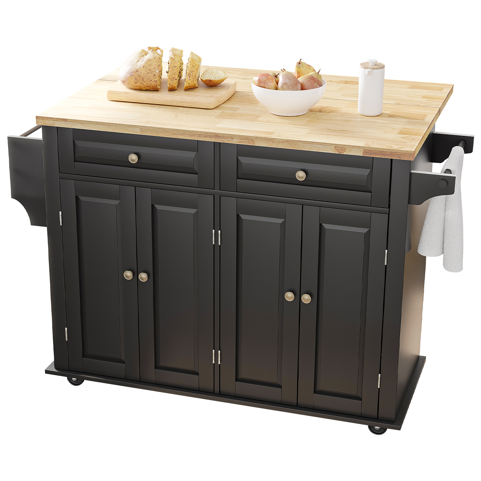 Hlivelood Rolling Kitchen Island Carts with Drop Leaf, Island Table for Kitchen with Rubber Wood Top and Rack and Storage Cabinet, Adjustable Shelves, 2 Drawer, Lockable Casters, Matte