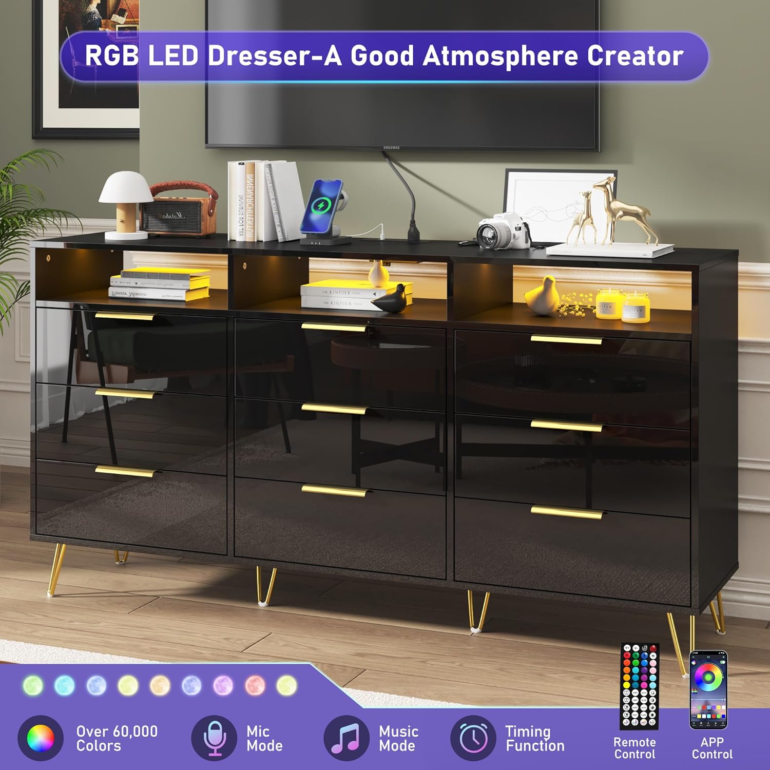 Blotout 9 Drawer Dresser with Charging Station, Modern Long Dressers & Chests of Drawers, Wood Dresser with LED Lights for Bedroom, Living Room, Hallway
