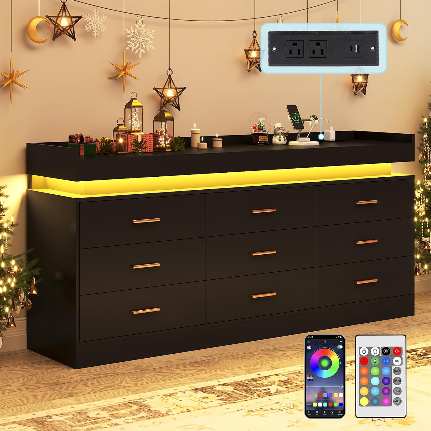 Black Dresser for Bedroom, 63 Inch Long 9 Drawers Dresser with Charging Station and LED light, Modern Large Wood Chest of Drawers, Dresser for Bedroom, Living Room, Entryway, Hallway