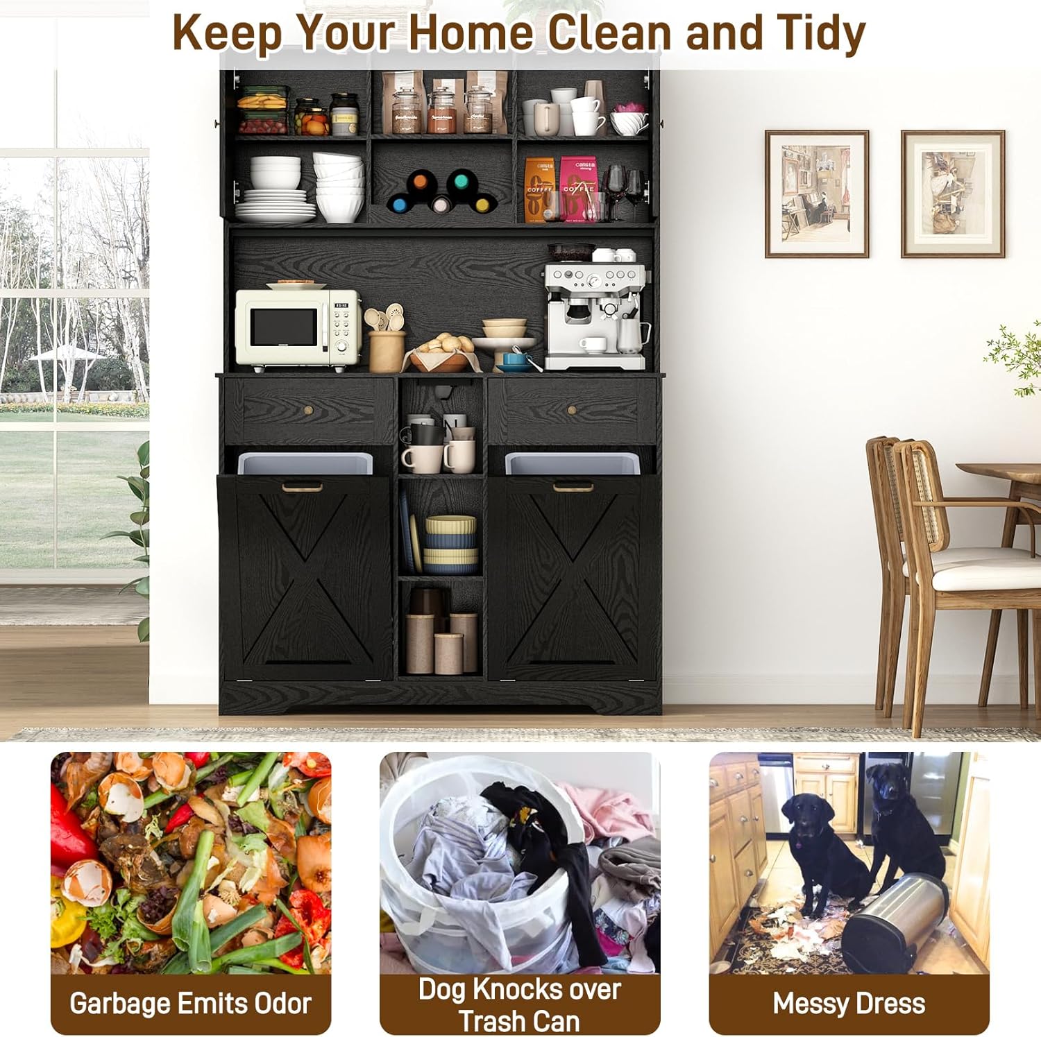 Blotout 47" Wide Kitchen Pantry Storage Cabinet with Charging Station & Microwave Stand, Tall Farmhouse Kitchen Hutch Cabinet, Double Tilt Out Trash Can Cabinet 10X2 Gallon