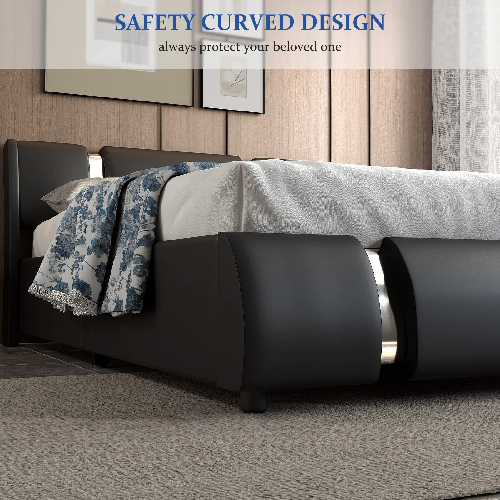 Faux Leather Bed Frame with LED Light Headboard, Modern Platform Bed Frame Deluxe Upholstered Bed with Curved Backrest