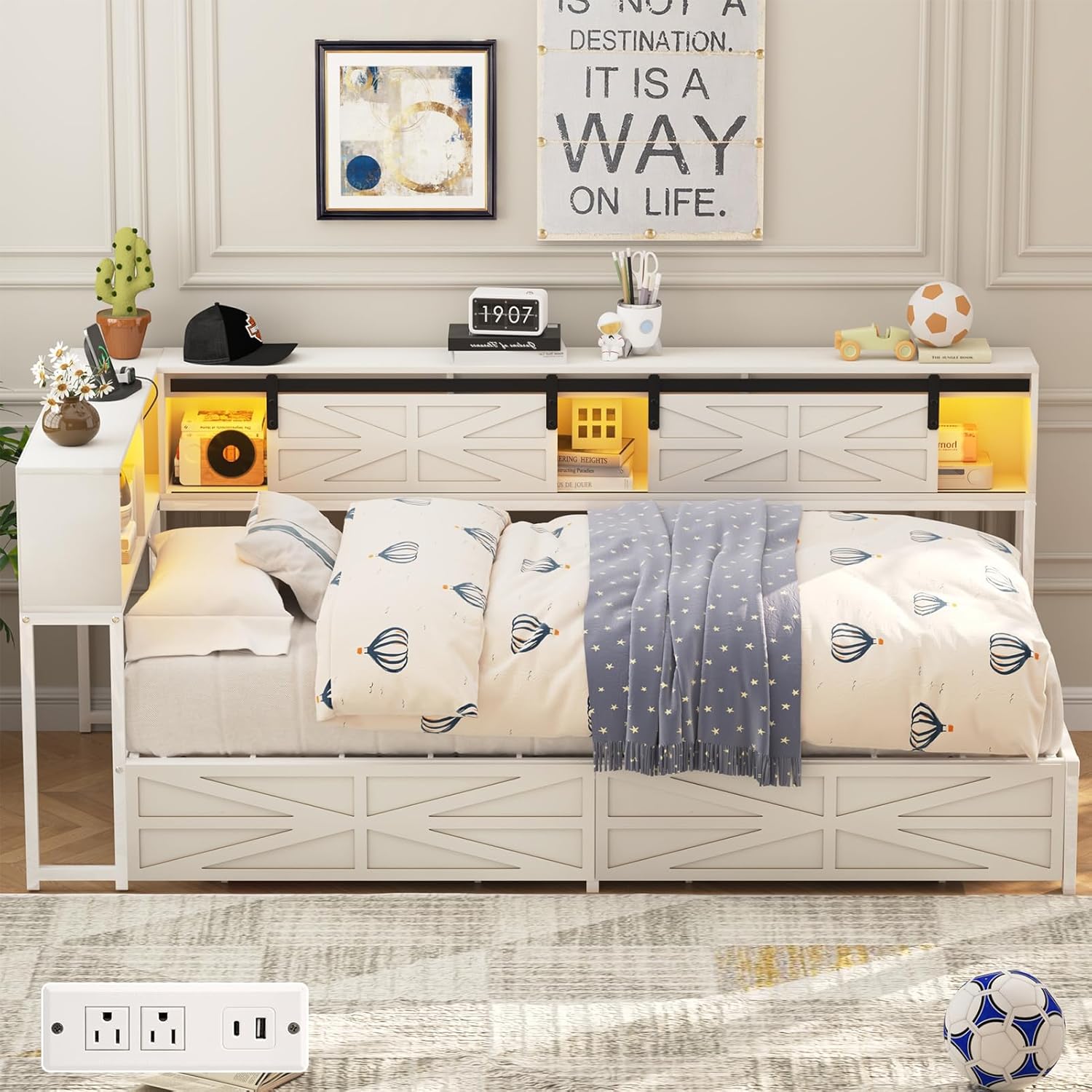 Blotout Twin Corner Bed Frame with Bookcase Headboard and Storage Drawers, Twin Metal Platform Bed Frame with Charging Station and LED Lights, Twin Size Daybed for Living Room, Bedroom and Guest Room