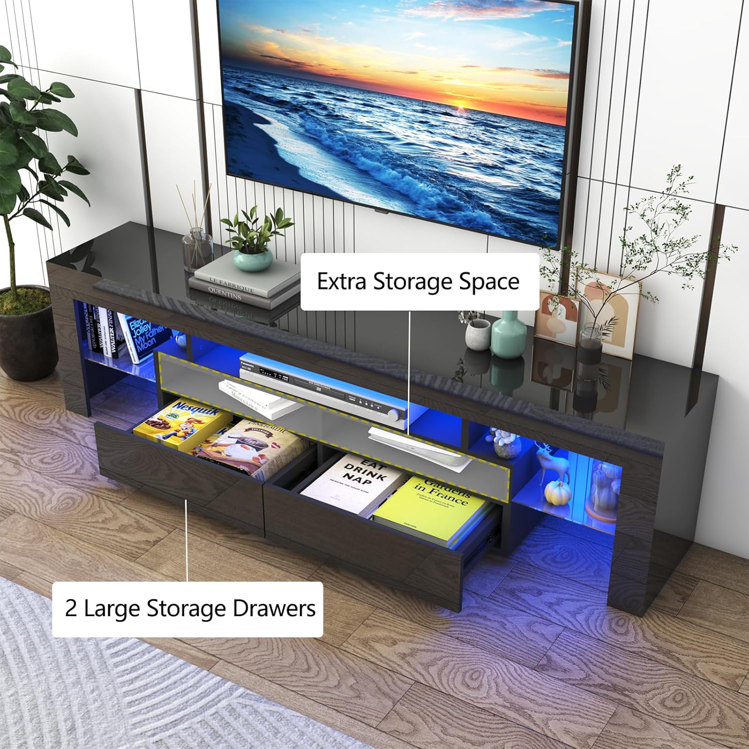 Blotout 71in LED TV Stand for 75/80 inch TV, High Gloss TV Entertainment Center with 2 Large Storage Drawer, APP RGB Light, Modern TV Stands for Living Room