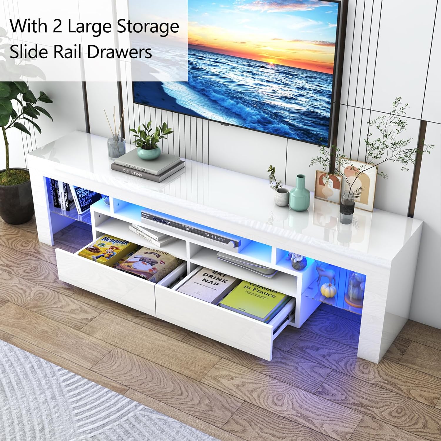 Blotout 71in LED TV Stand for 75/80 inch TV, High Gloss TV Entertainment Center with 2 Large Storage Drawer, APP RGB Light, Modern TV Stands for Living Room