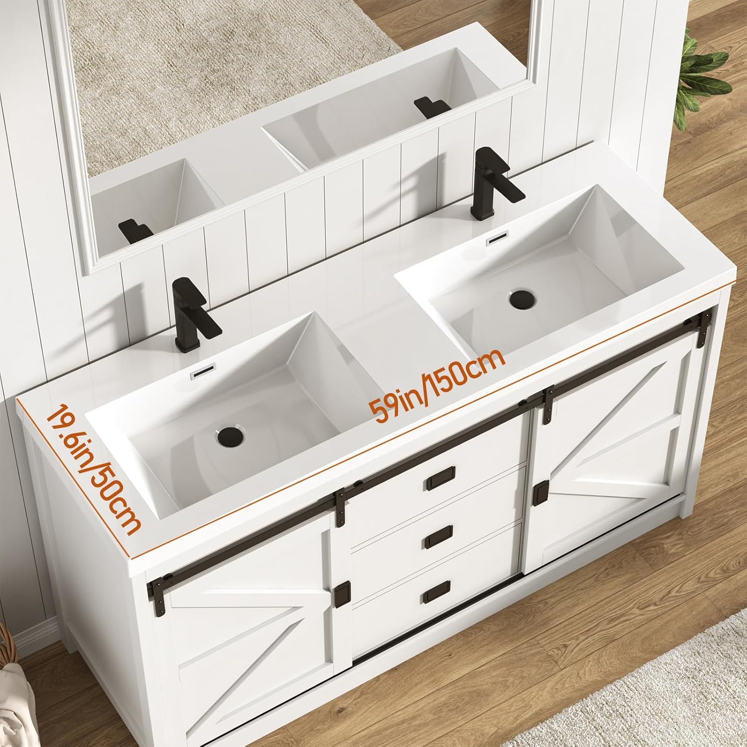 Blotout Double Bathroom Vanity with Sink & Faucet & Sewer Pipes, 59" Farmhouse Bathroom Vanity Cabinet Set with Sliding Barn Door & 3 Drawers, Freestanding Bath Storage Vanity Sink