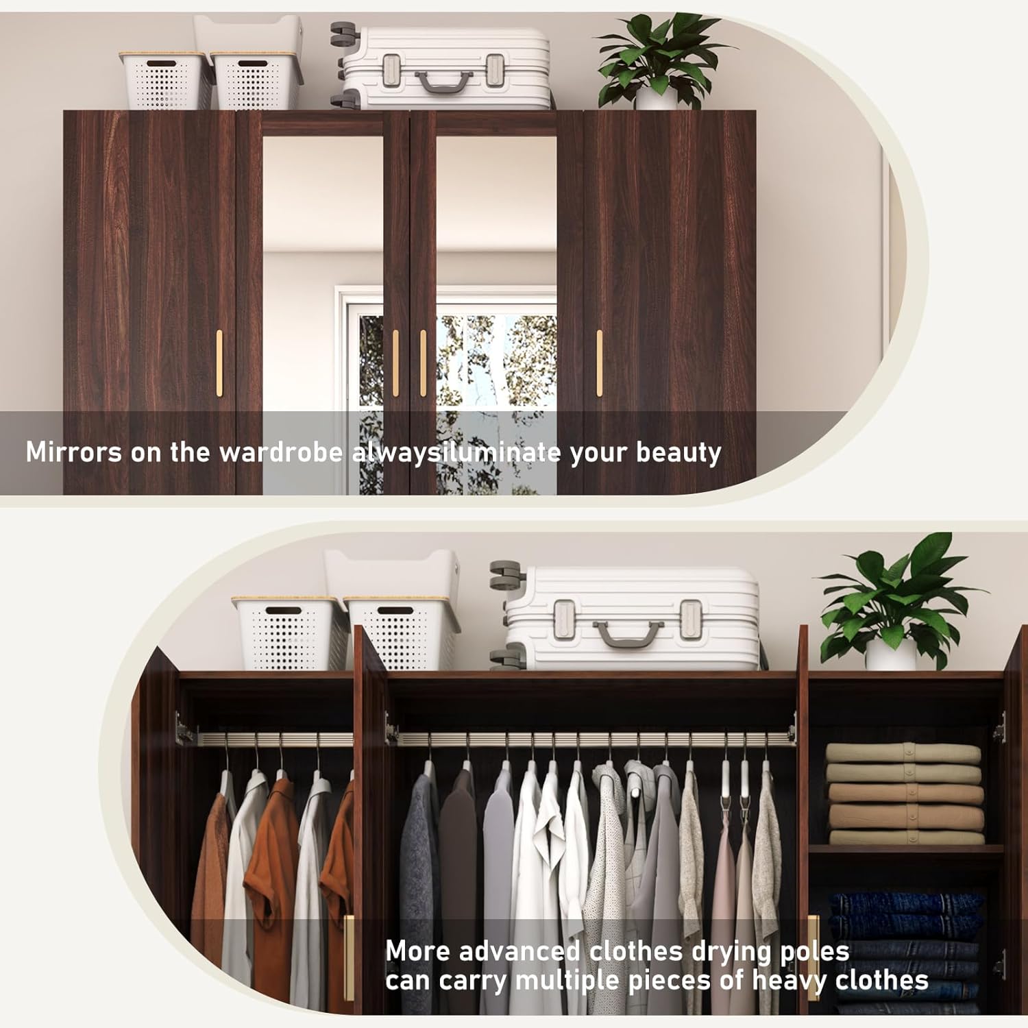 Blotout 70" Armoire Wardrobe Closet with Mirror, LED Wardrobe Armoire with 2 Drawers, 4 Door Wood Armoire Storage with Hanging Rods and Multi-Layer Shelves