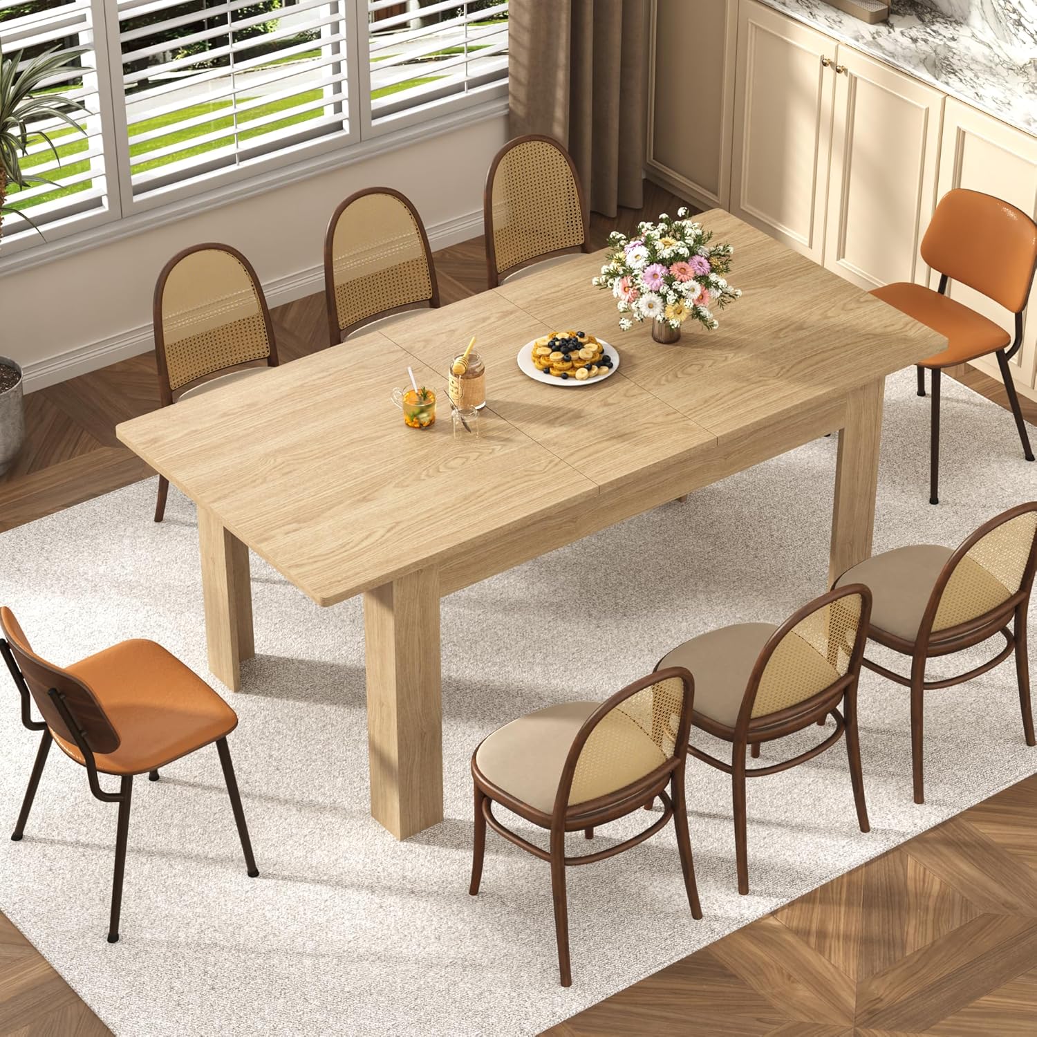 Blotout Extendable Dining Table for 6-10 Person, Large Wood Kitchen Table, Rectangular Extendable Table for Gatherings, Meeting for Small Kitchens, Dining Office Areas