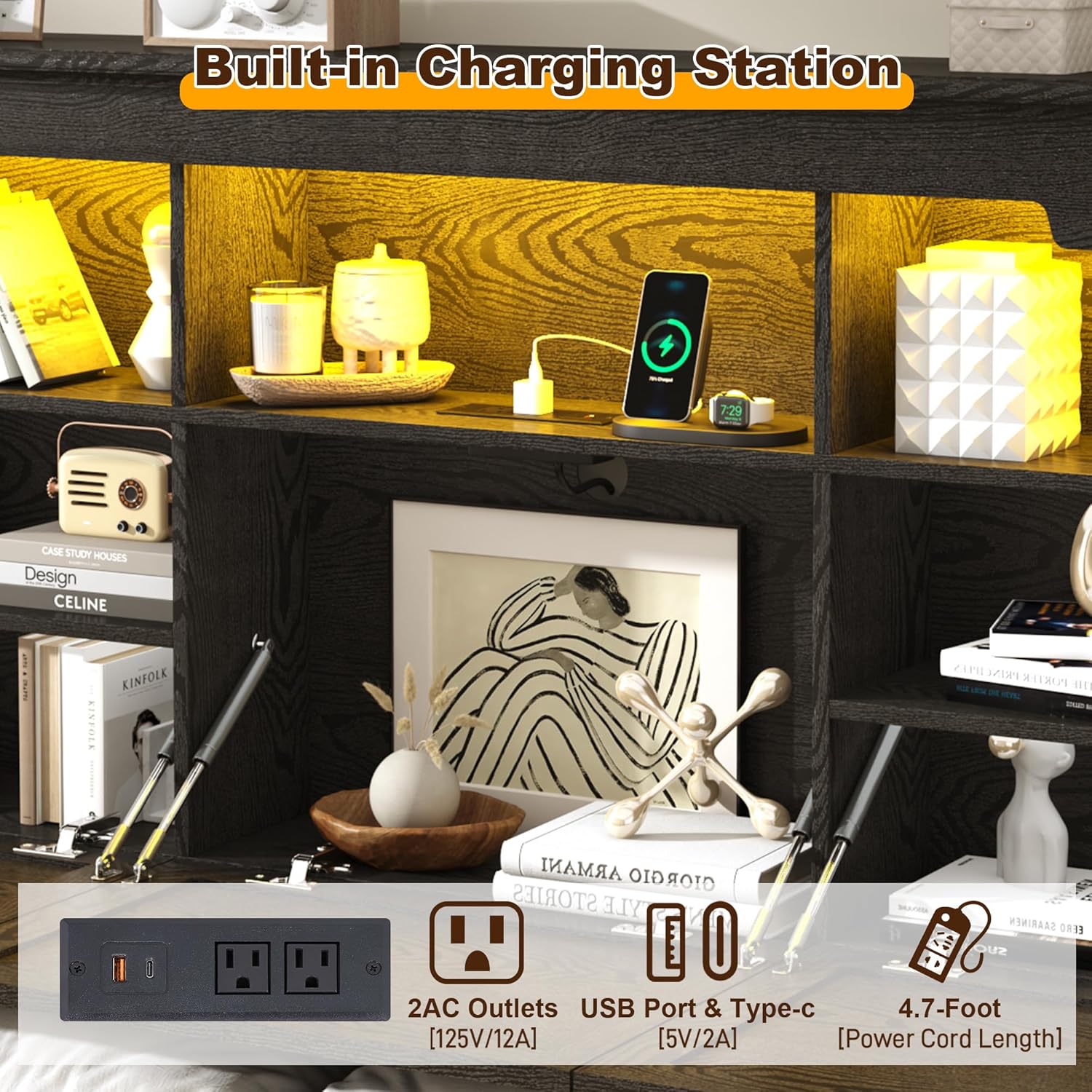 Blotout Farmhouse King Size Bed Frame with 55" Tall Storage Bookcase Headboard & 4 Drawers, Wood Platform Bed Frame with 24" Roman Colum Footboard, LED Light, Charging Station, No Box Spring Needed