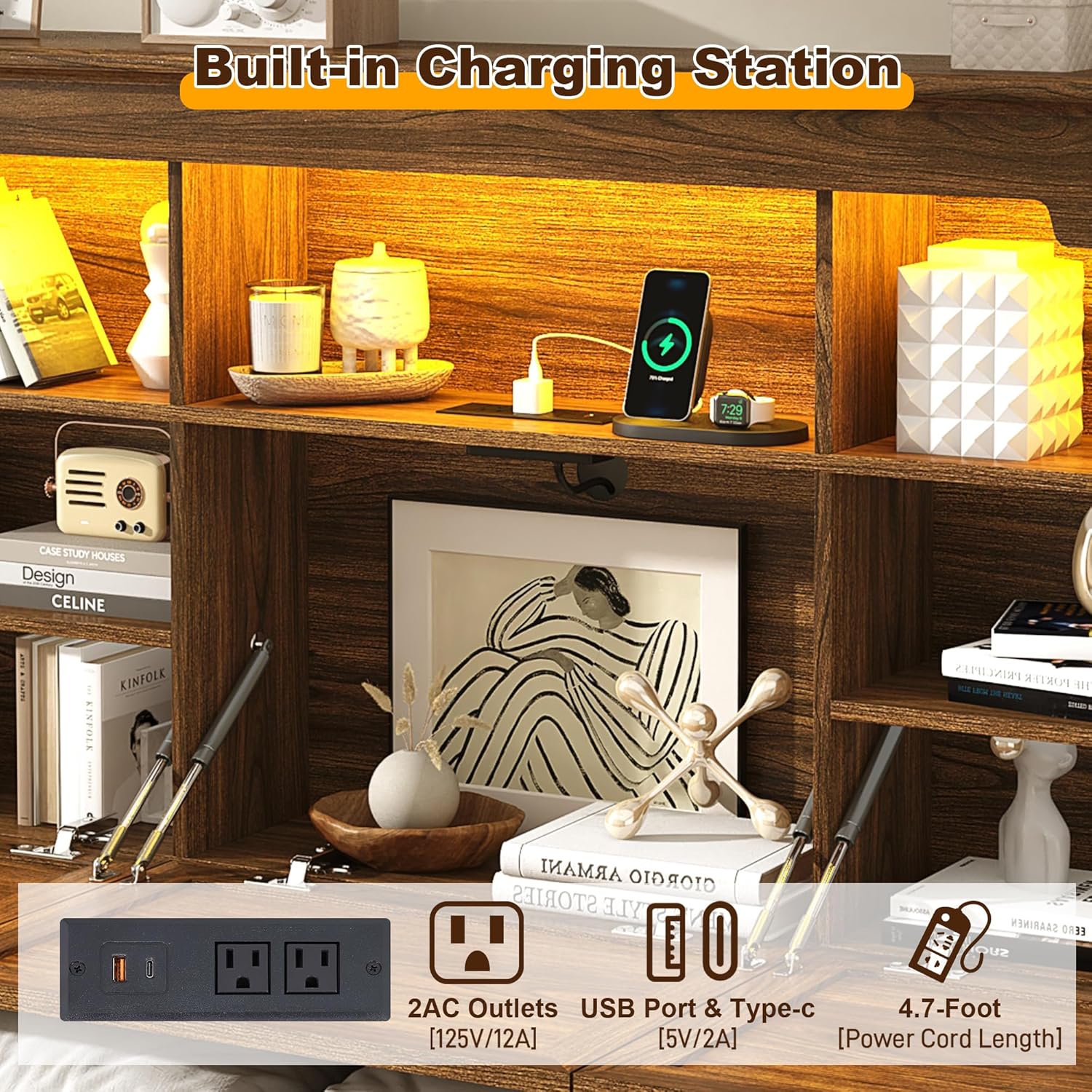 Blotout Farmhouse King Size Bed Frame with 55" Tall Storage Bookcase Headboard & 4 Drawers, Wood Platform Bed Frame with 24" Roman Colum Footboard, LED Light, Charging Station, No Box Spring Needed