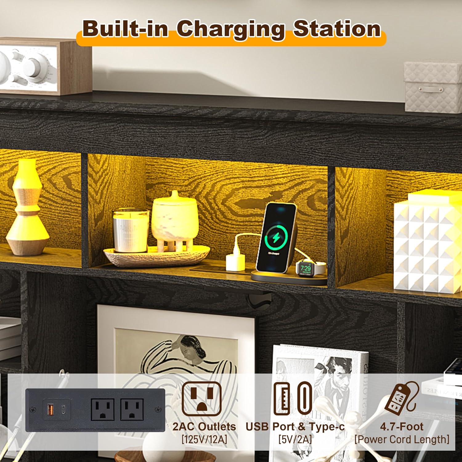 Blotout Farmhouse King Size Bed Frame with 55" Tall Storage Bookcase Headboard & 4 Drawers, Wood Platform Bed Frame with 24" Roman Colum Footboard, LED Light, Charging Station, No Box Spring Needed