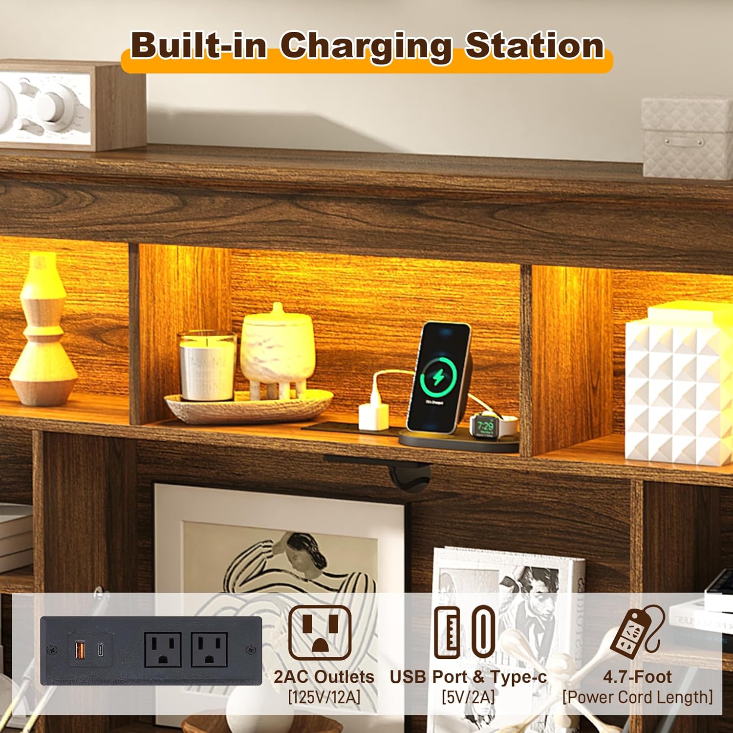 Blotout Farmhouse King Size Bed Frame with 55" Tall Storage Bookcase Headboard & 4 Drawers, Wood Platform Bed Frame with 24" Roman Colum Footboard, LED Light, Charging Station, No Box Spring Needed