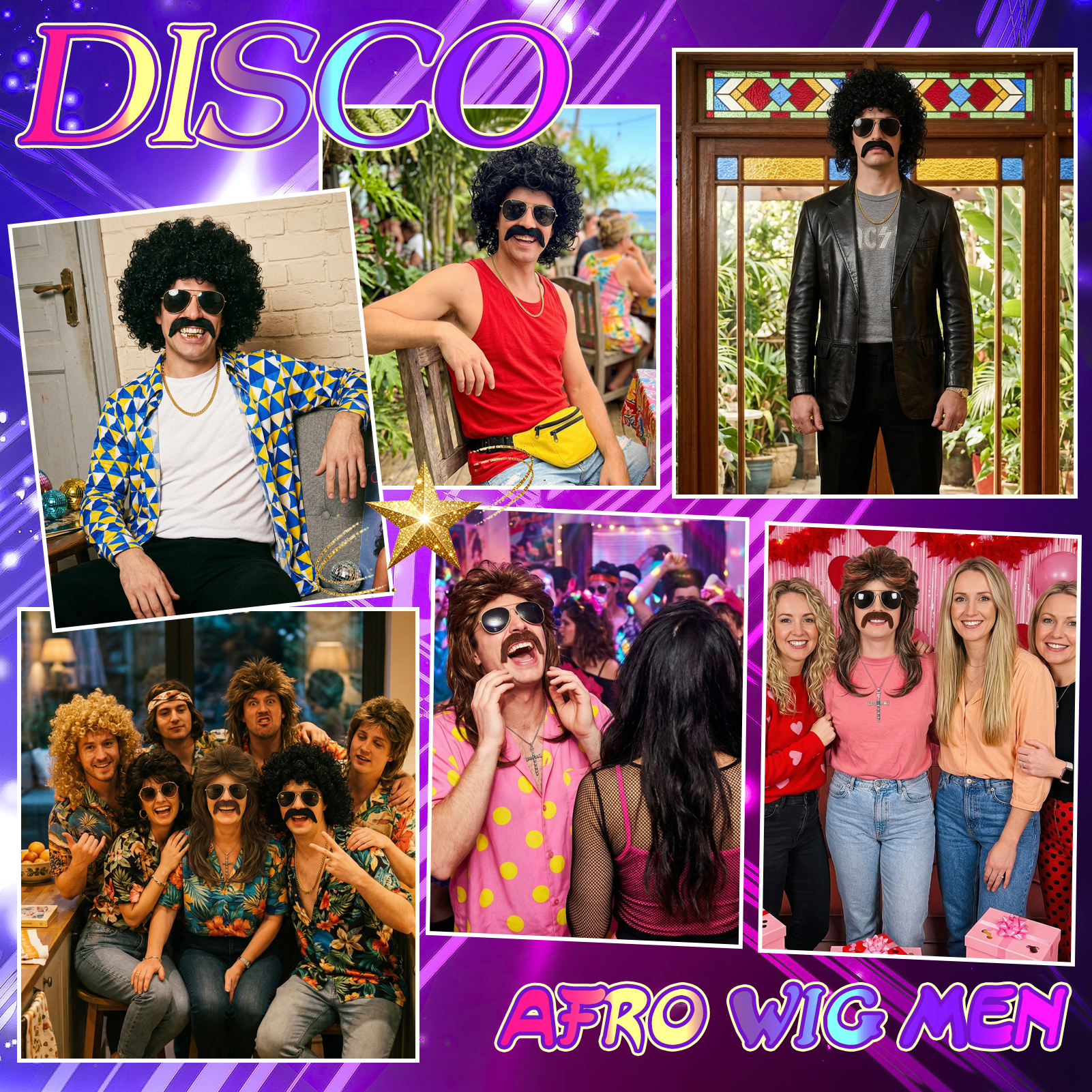 sixwipe 8 Pack 70s 80s Mullet Wigs Set for Men, Disco Wigs with Mustache Glasses and Chain, Kinky Curly/Straight Wigs, Funny Costume Wigs for Rocker Hippies Halloween Cosplay Party