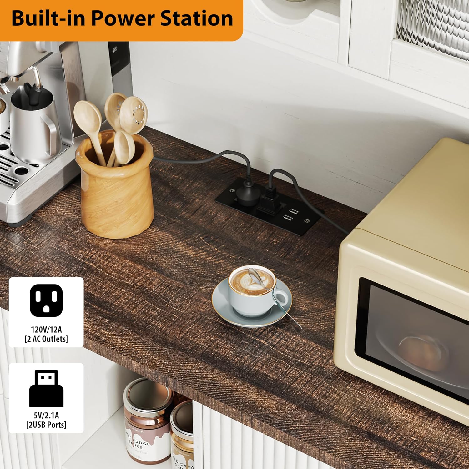Blotout 47" Wide Kitchen Pantry Storage Cabinet with Charging Station & Microwave Stand, Tall Fluted Kitchen Hutch Cabinet, Double Tilt Out Trash Can Cabinet 10X2 Gallon