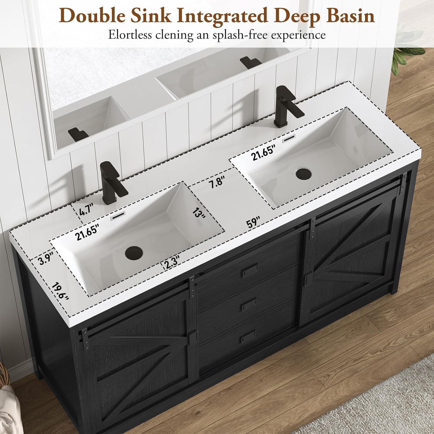 Blotout Double Bathroom Vanity with Sink & Faucet & Sewer Pipes, 59" Farmhouse Bathroom Vanity Cabinet Set with Sliding Barn Door & 3 Drawers, Freestanding Bath Storage Vanity Sink