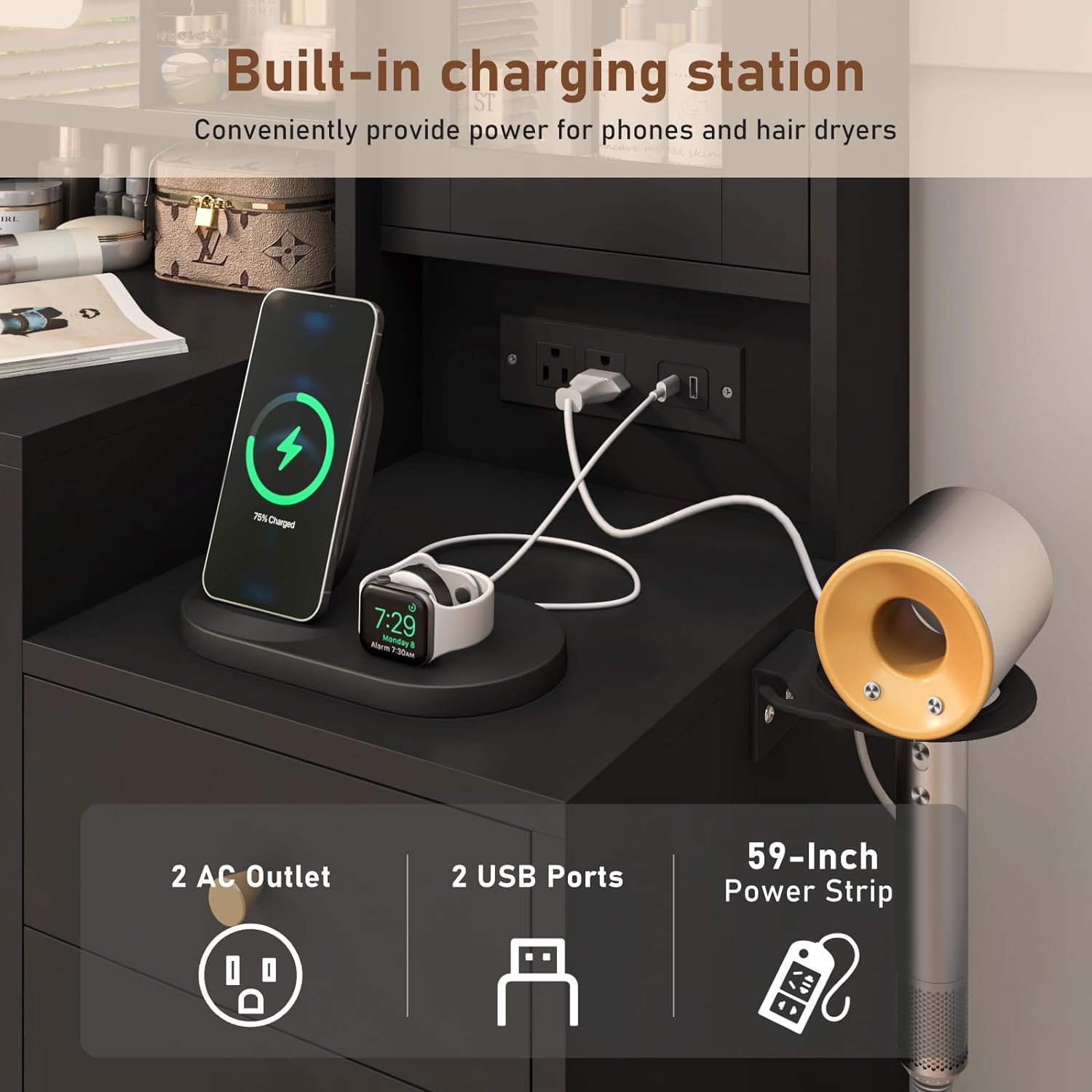 Black Vanity Desk with Sliding Mirror & Lights, Vanity Table Makeup Desk with Charging Station 2 Drawers 2 Doors, Lots of Storage Shelves, Large Vanity Set with Cushioned Stool