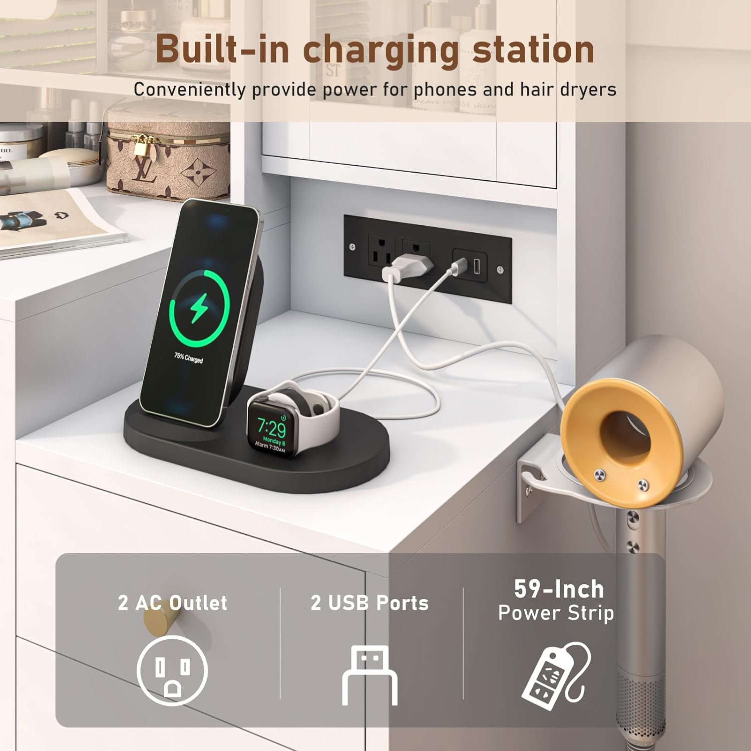 Black Vanity Desk with Sliding Mirror & Lights, Vanity Table Makeup Desk with Charging Station 2 Drawers 2 Doors, Lots of Storage Shelves, Large Vanity Set with Cushioned Stool